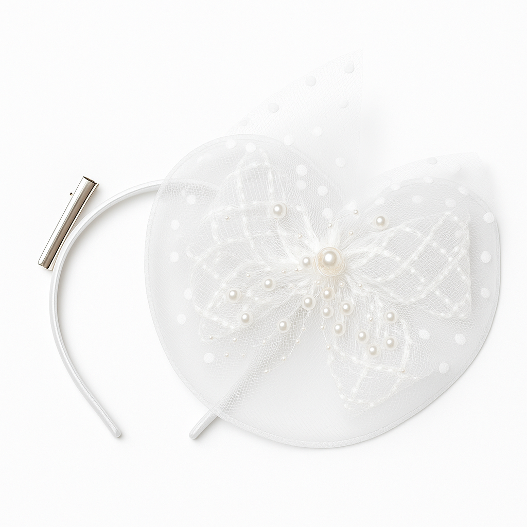 Whumies 2-in-1 Pearl Bow Hairband & Clip – White Designer convertible Headpiece for Girls