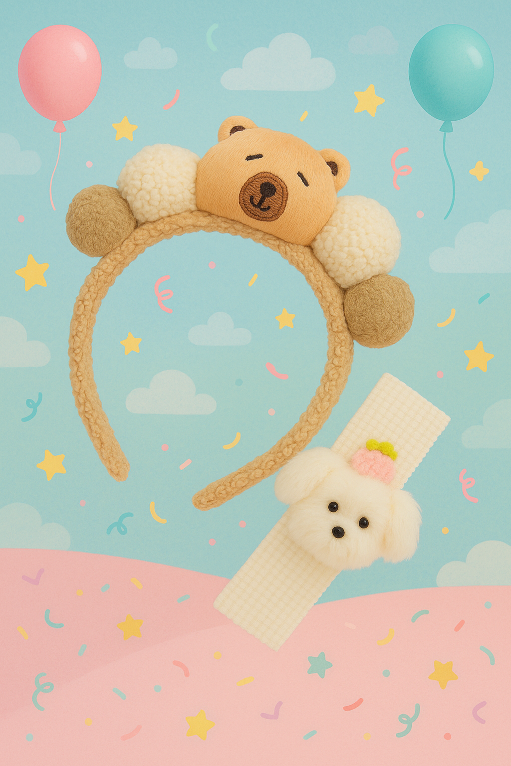 Whumies Plush Hairband & Hairbelt Set for Girls – Soft Cartoon Bear Headband & Elastic Bunny Hair Belt for Toddlers and Kids