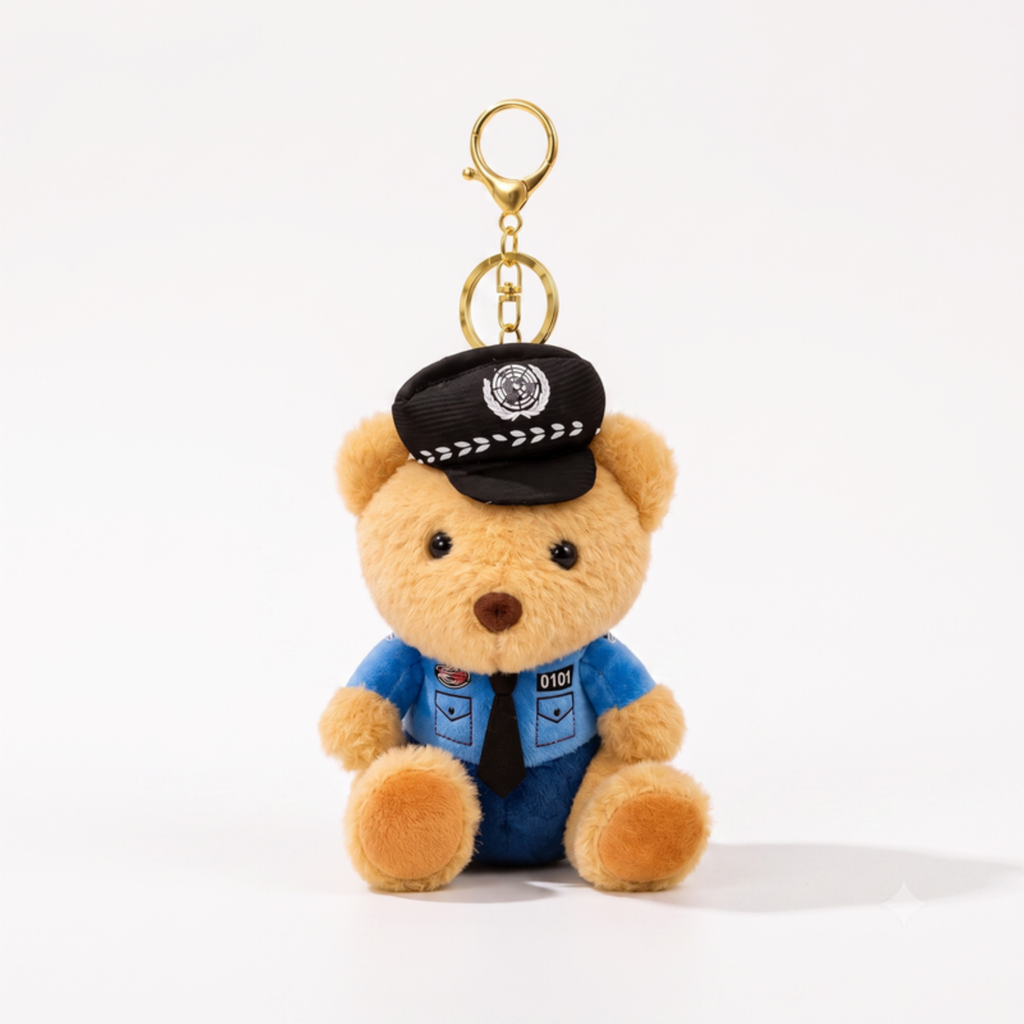 Brown Police Teddy Plush Bag Charm with Blue Uniform