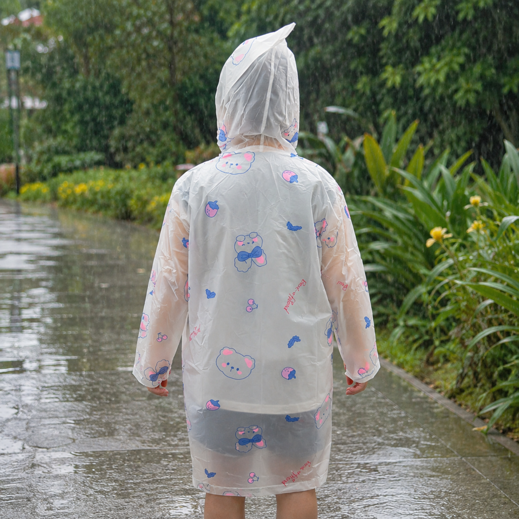 Clear Kids Raincoat with Blue Pink Bear Print