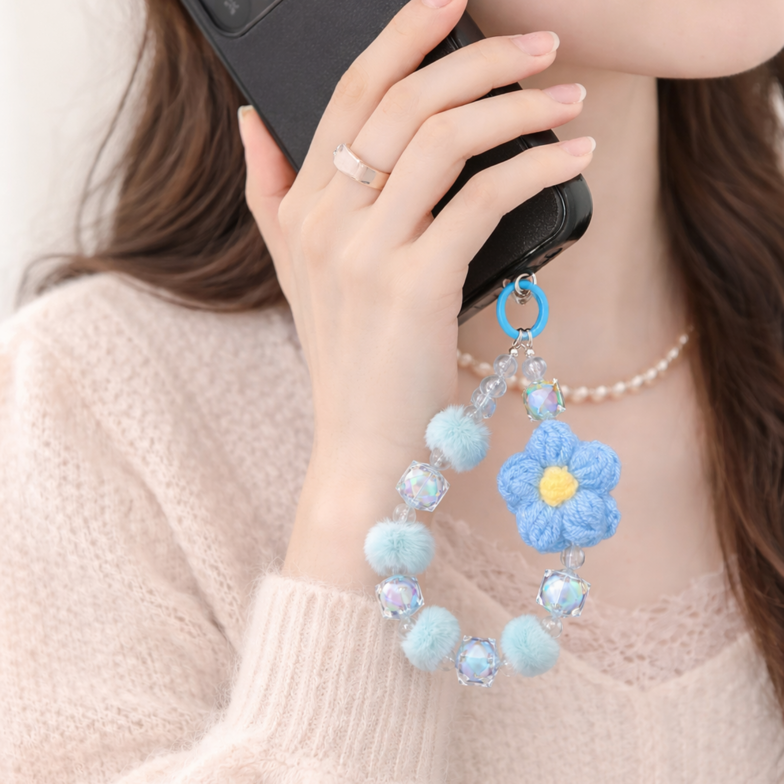 Pastel Crochet Flower Mobile Charm with Beads & Pom Poms