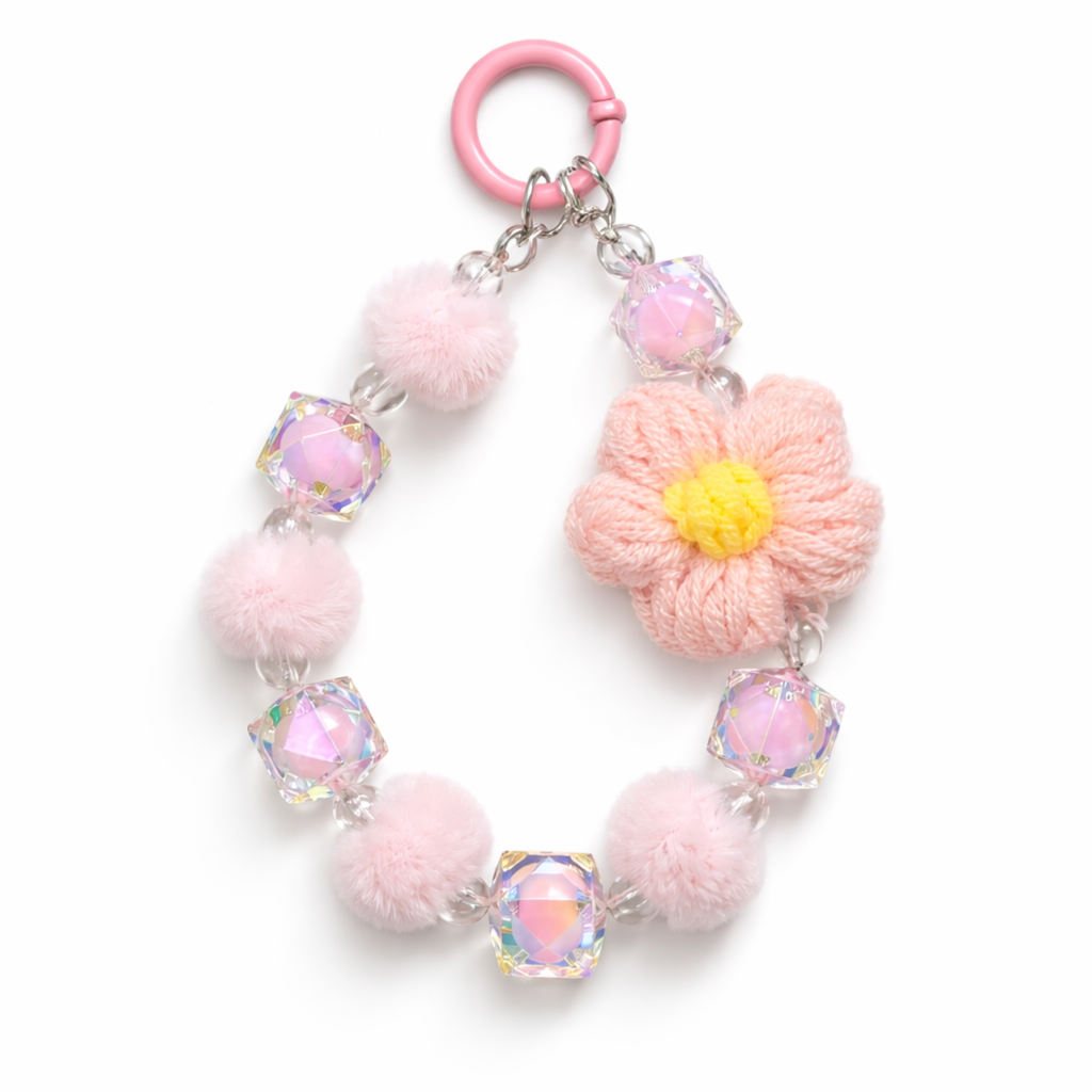 Pastel Crochet Flower Mobile Charm with Beads & Pom Poms