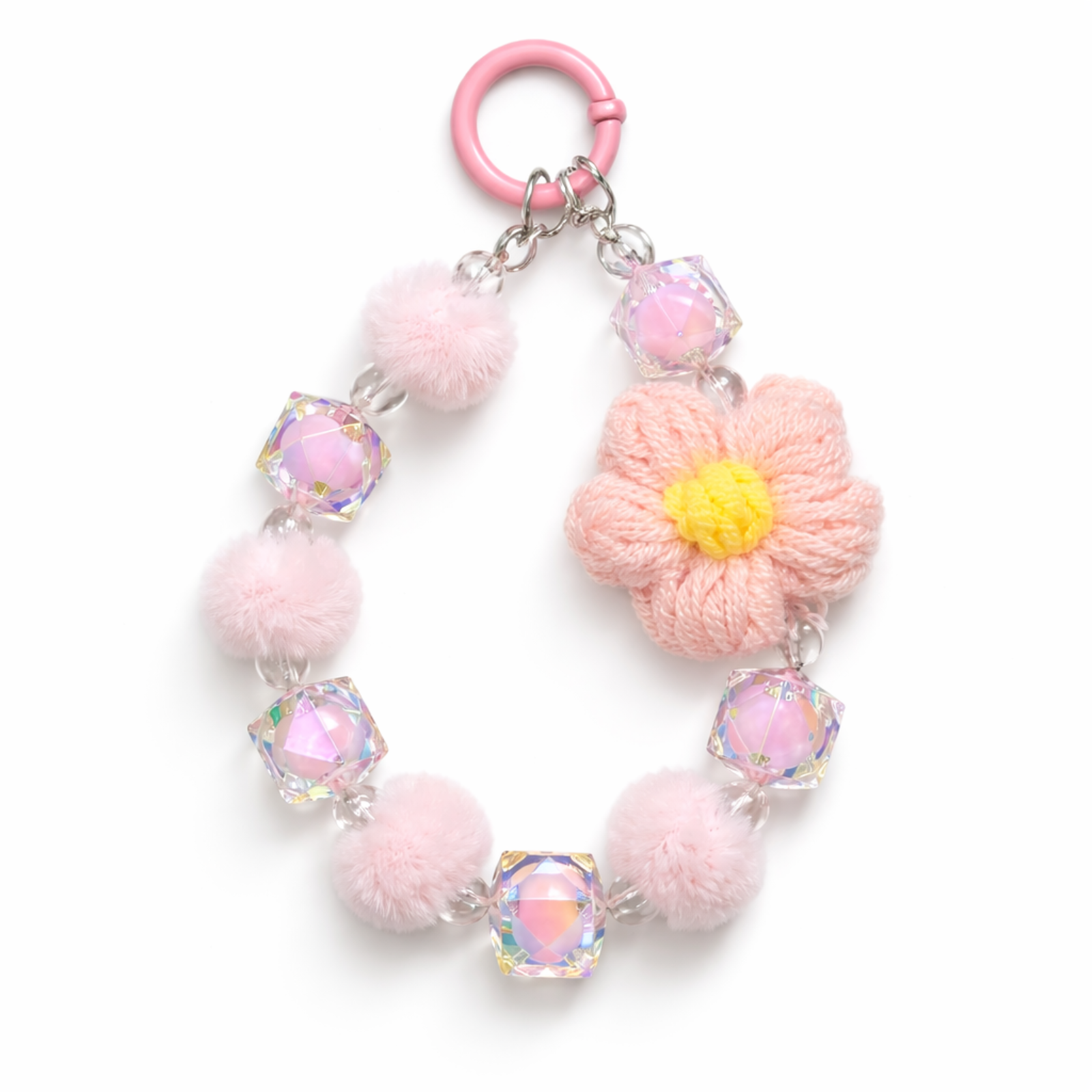 Pastel Crochet Flower Mobile Charm with Beads & Pom Poms