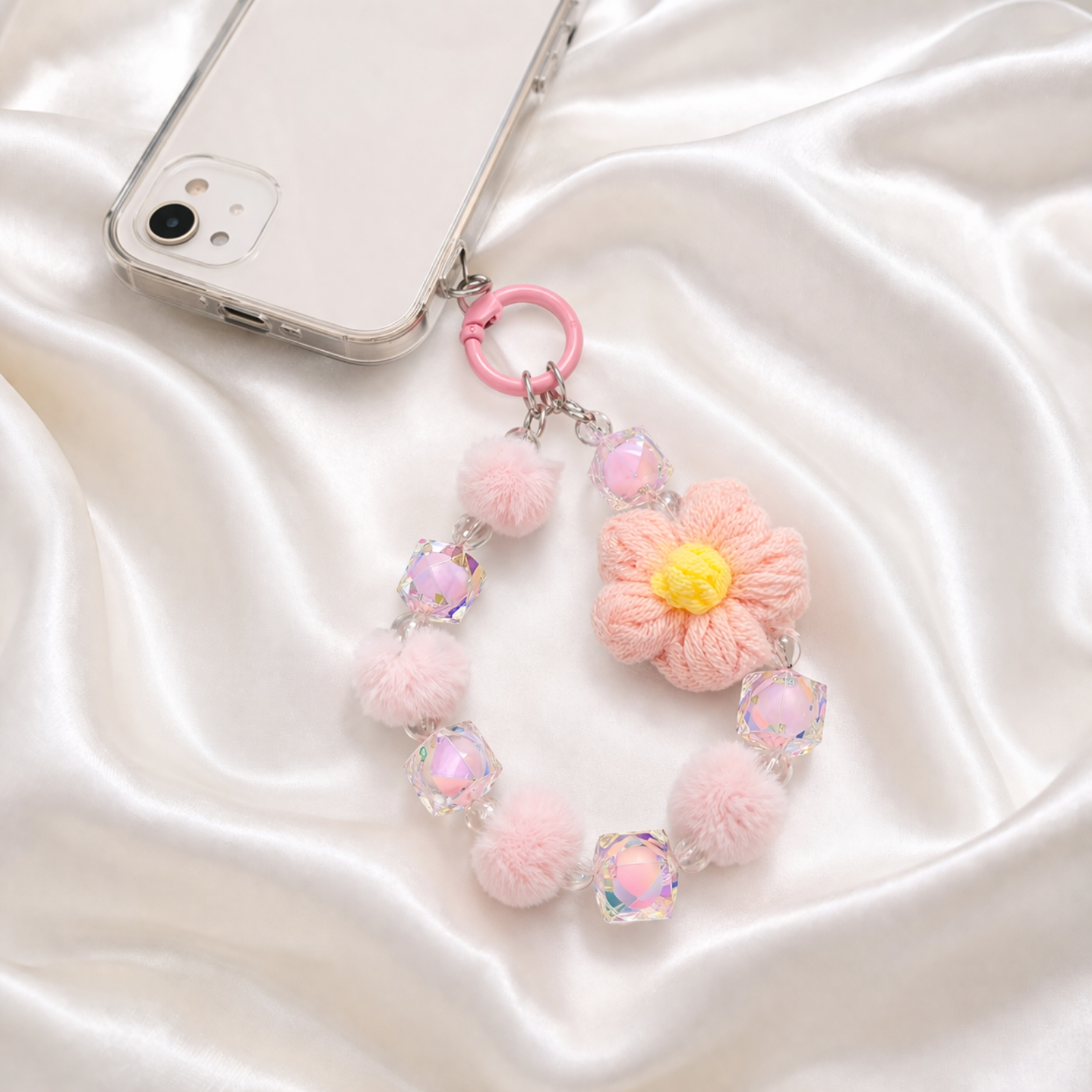 Pastel Crochet Flower Mobile Charm with Beads & Pom Poms