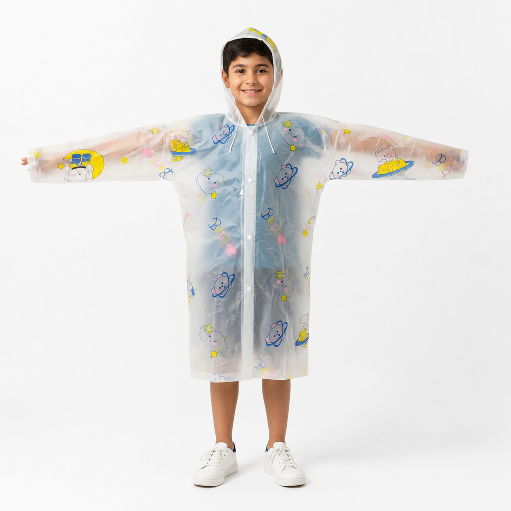 Clear Kids Raincoat with Blue Pink Space Print