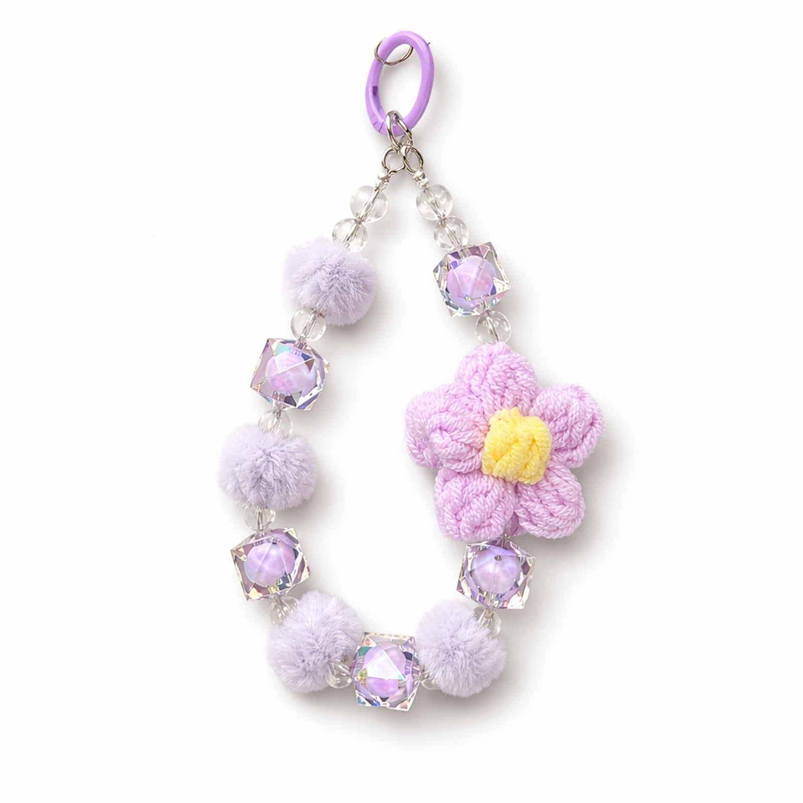 Pastel Crochet Flower Mobile Charm with Beads & Pom Poms