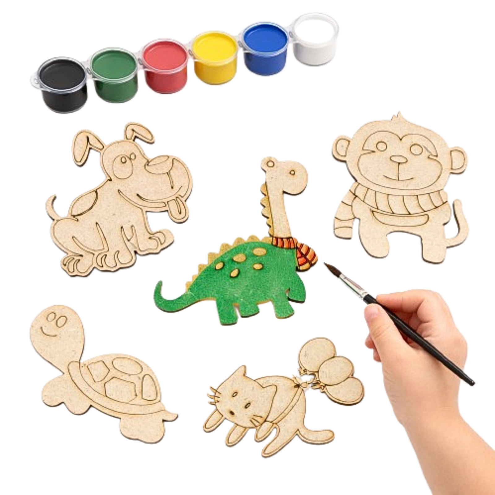 DIY Animal Painting Magnet Kit (5 Wooden Magnets + 6 Colors + 1 Brush)