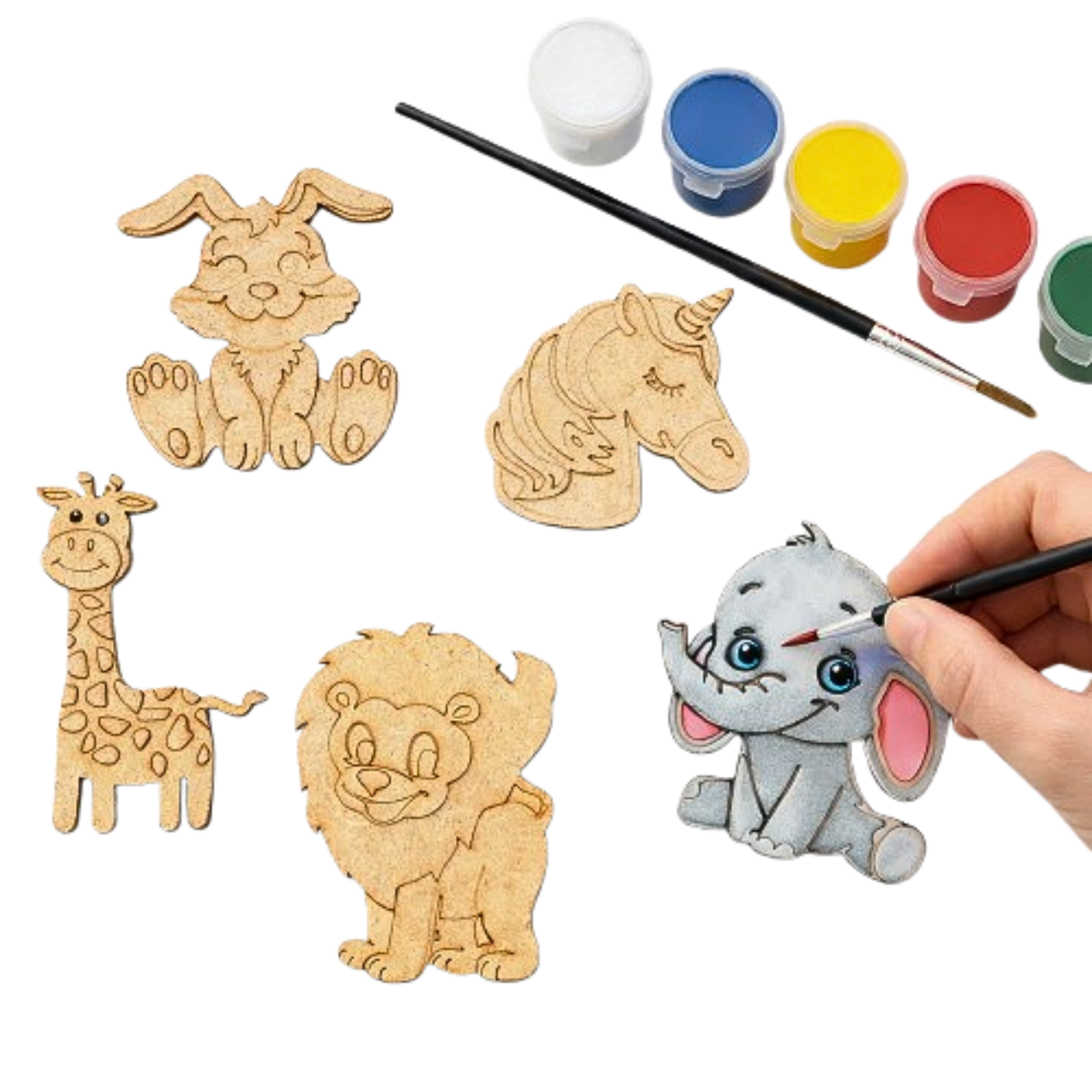 DIY Animal Painting Magnet Kit (5 Wooden Magnets + 6 Colors + 1 Brush)