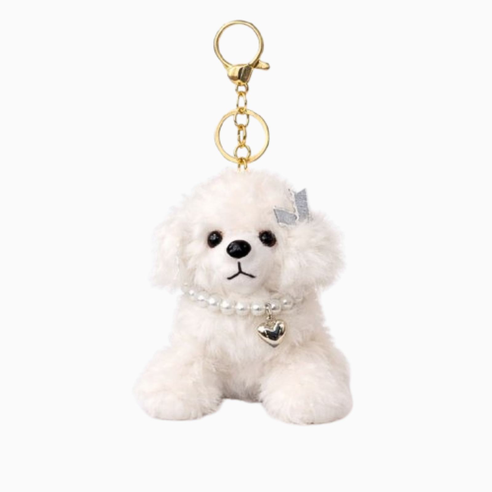 Cute Puppy Plush Keychain with Pearl Necklace & Heart Charm