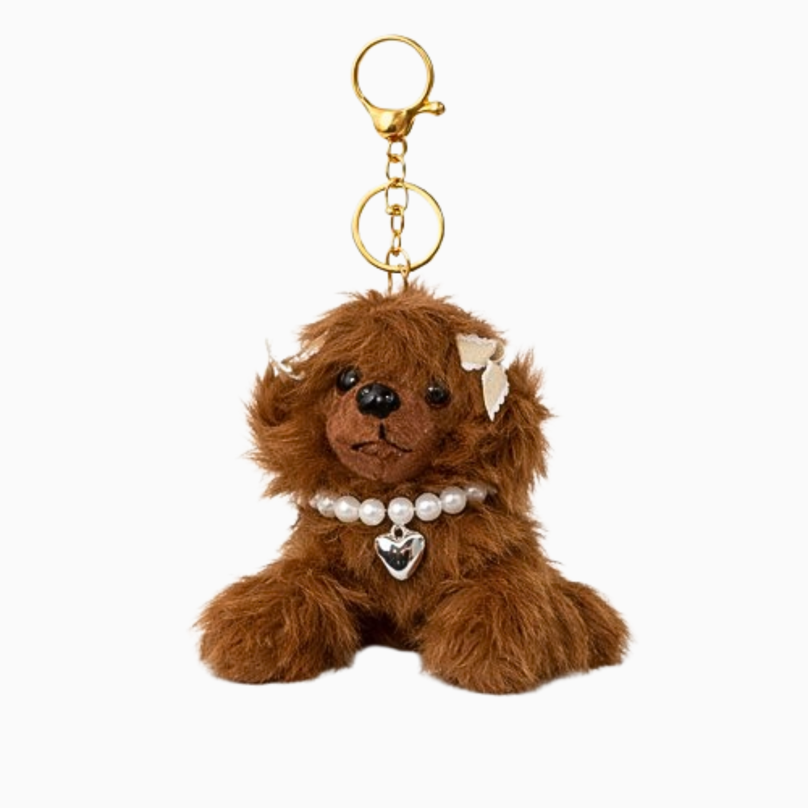 Cute Puppy Plush Keychain with Pearl Necklace & Heart Charm