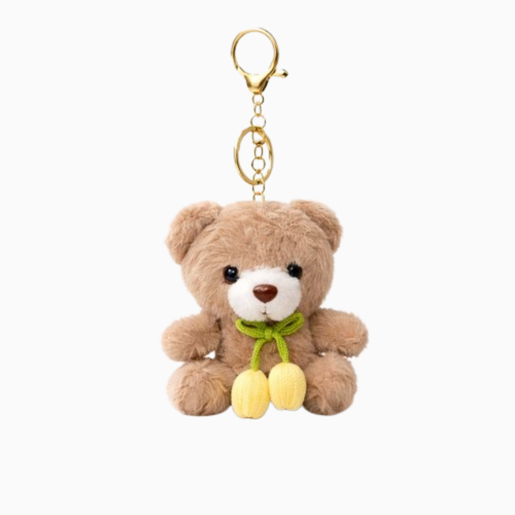 Teddy Bear Plush Keychain with Crochet Flower Detail