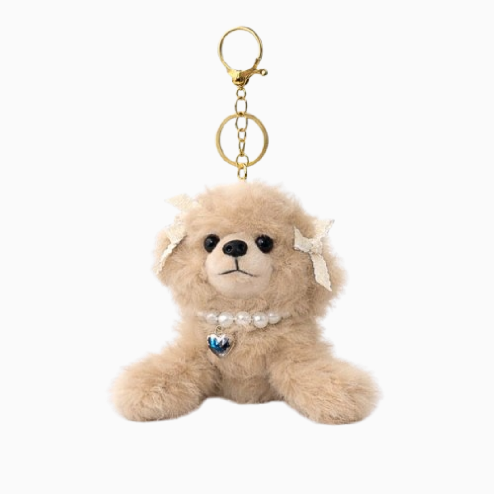 Cute Puppy Plush Keychain with Pearl Necklace & Heart Charm