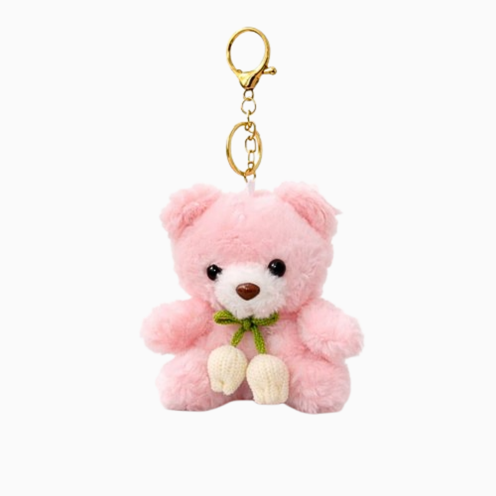 Teddy Bear Plush Keychain with Crochet Flower Detail