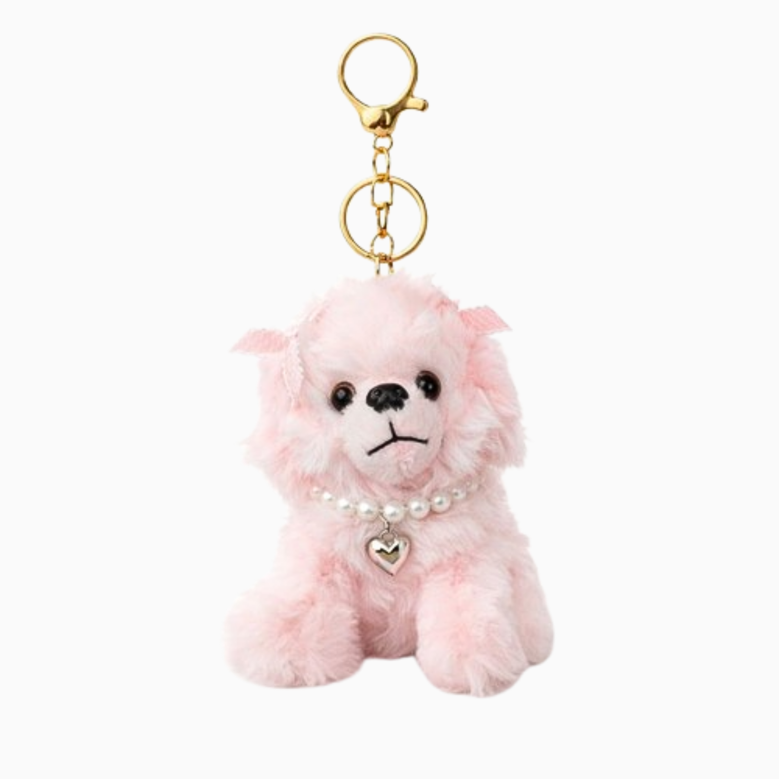 Cute Puppy Plush Keychain with Pearl Necklace & Heart Charm