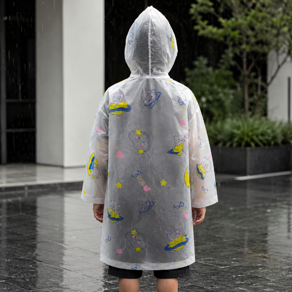Clear Kids Raincoat with Blue Pink Space Print
