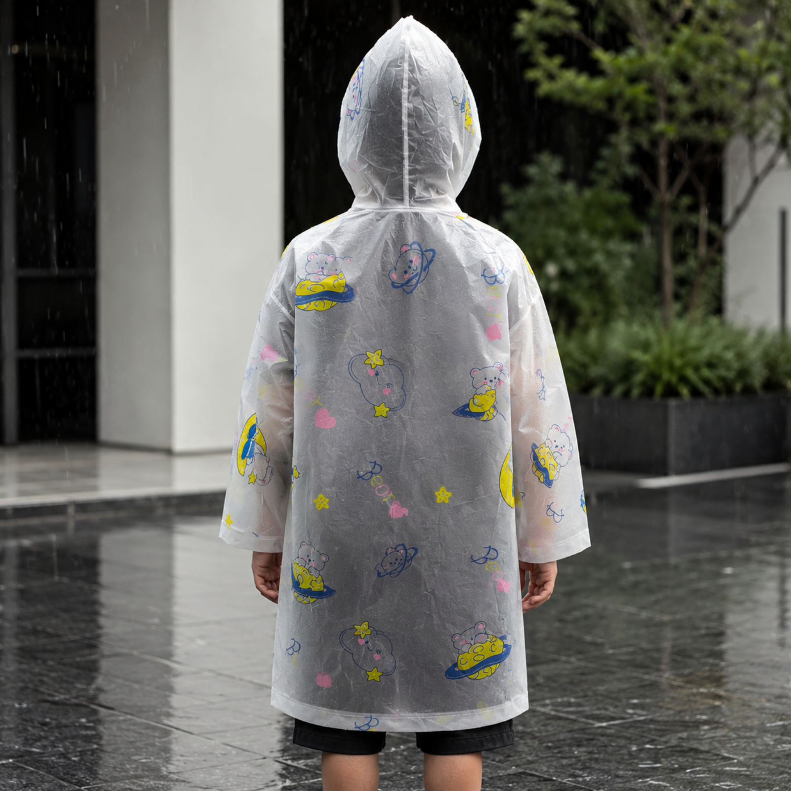 Clear Kids Raincoat with Blue Pink Space Print