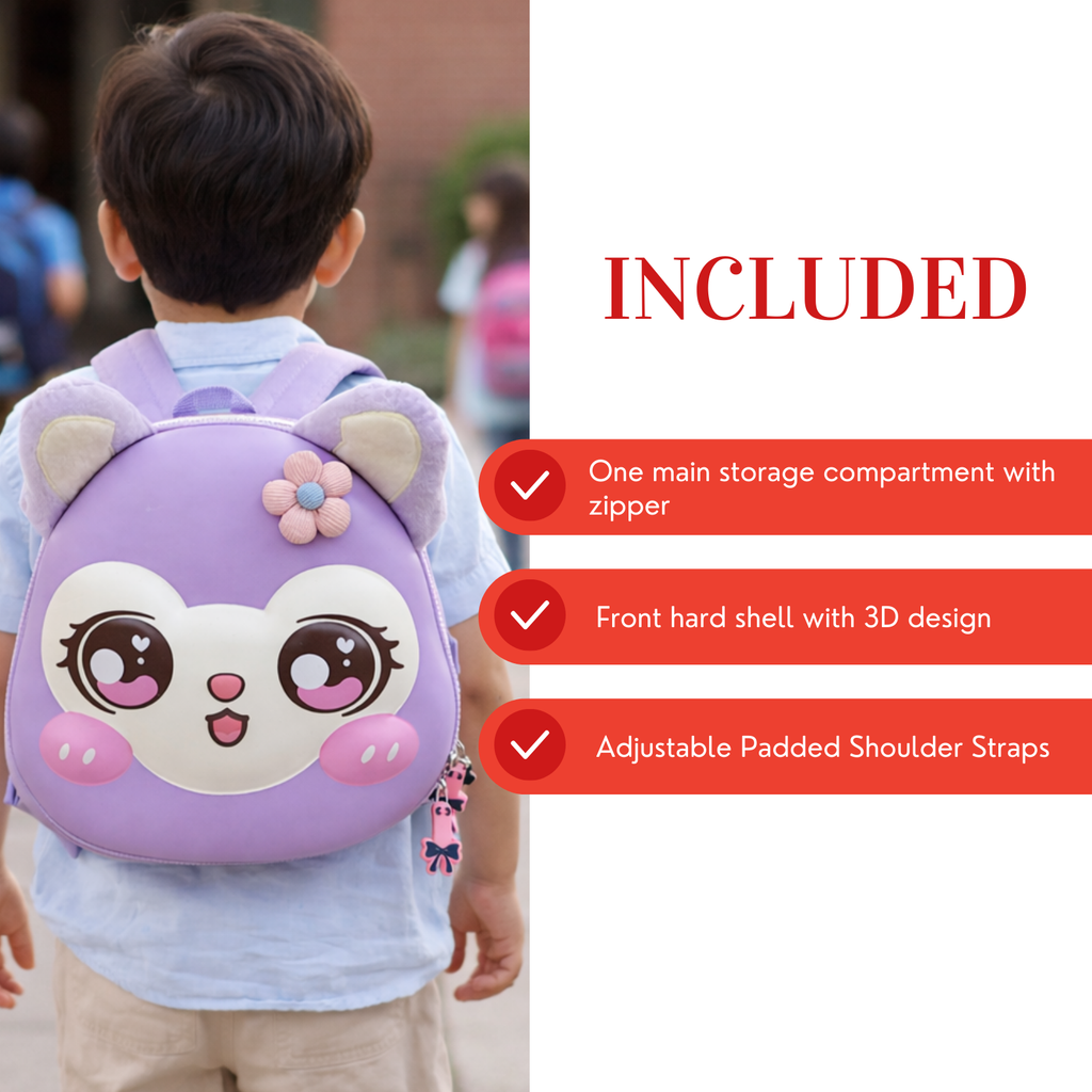 Purple Cartoon Cat Kids Backpack with 3D Hard Shell