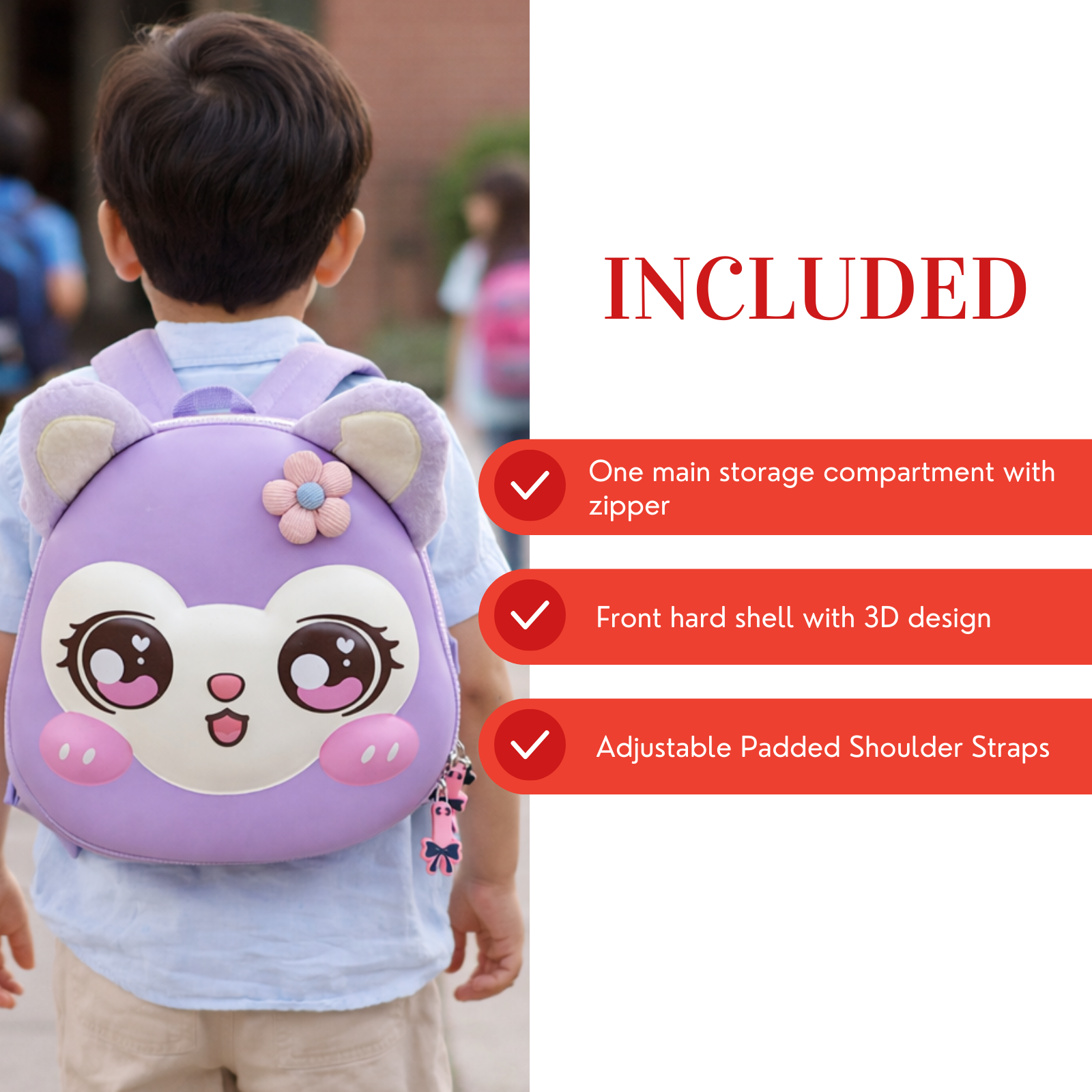 Purple Cartoon Cat Kids Backpack with 3D Hard Shell