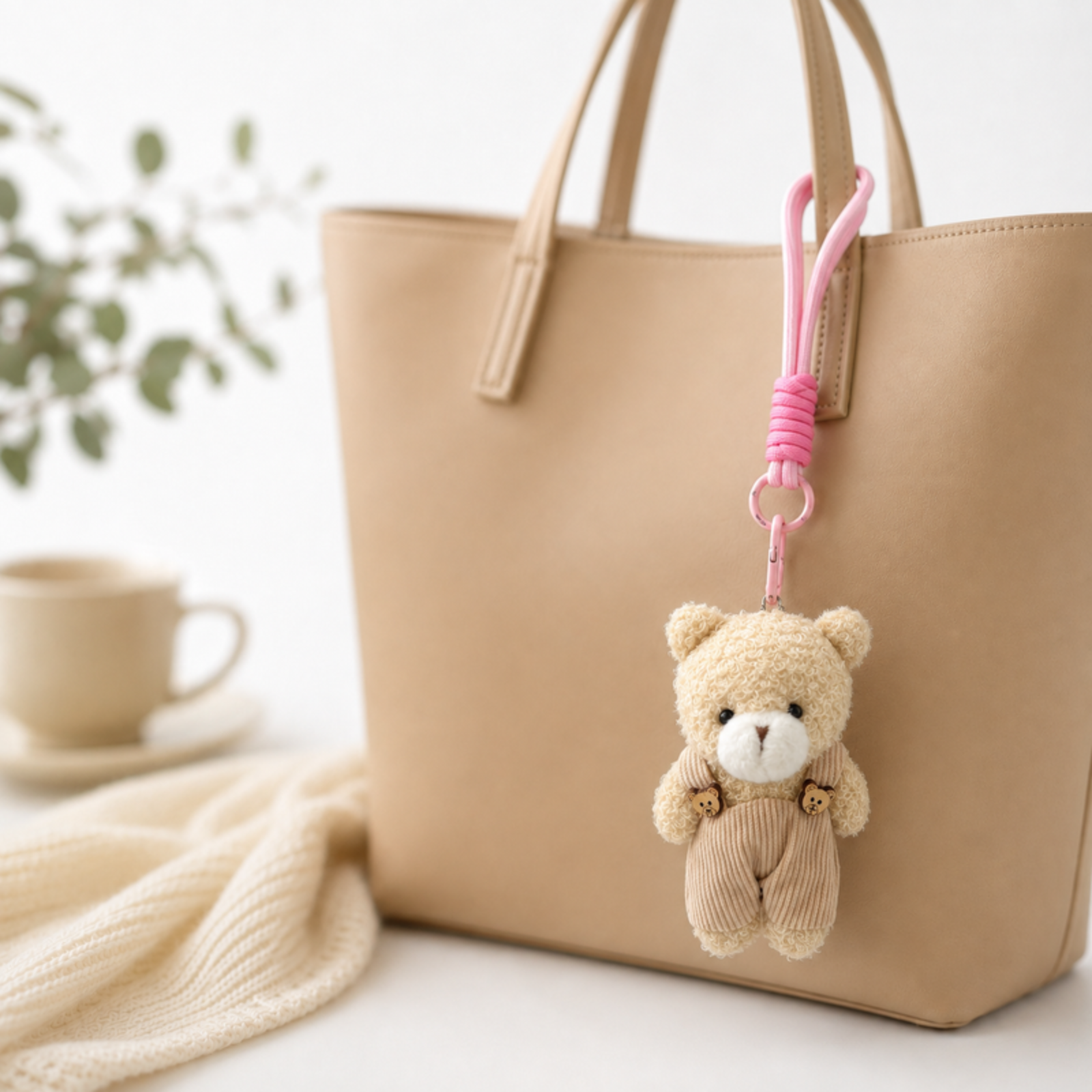 Beige Teddy Plush Keychain with Skin Overalls