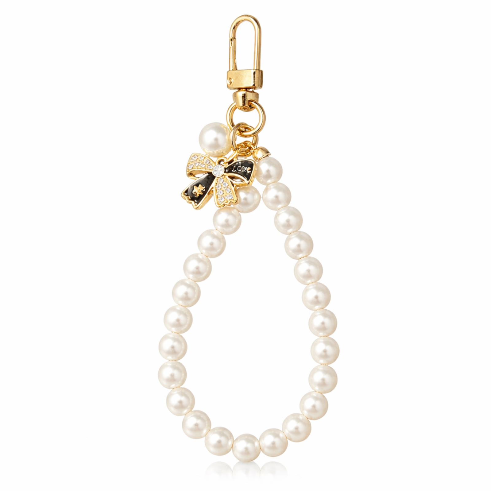 Pearl Beaded Mobile Charm with Gold Bow Pendant