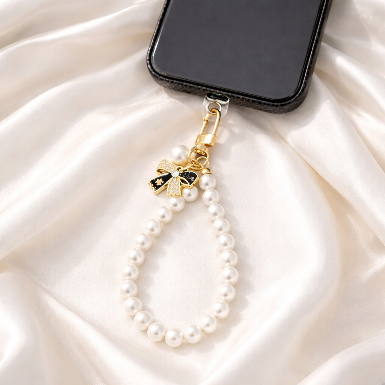 Pearl Beaded Mobile Charm with Gold Bow Pendant