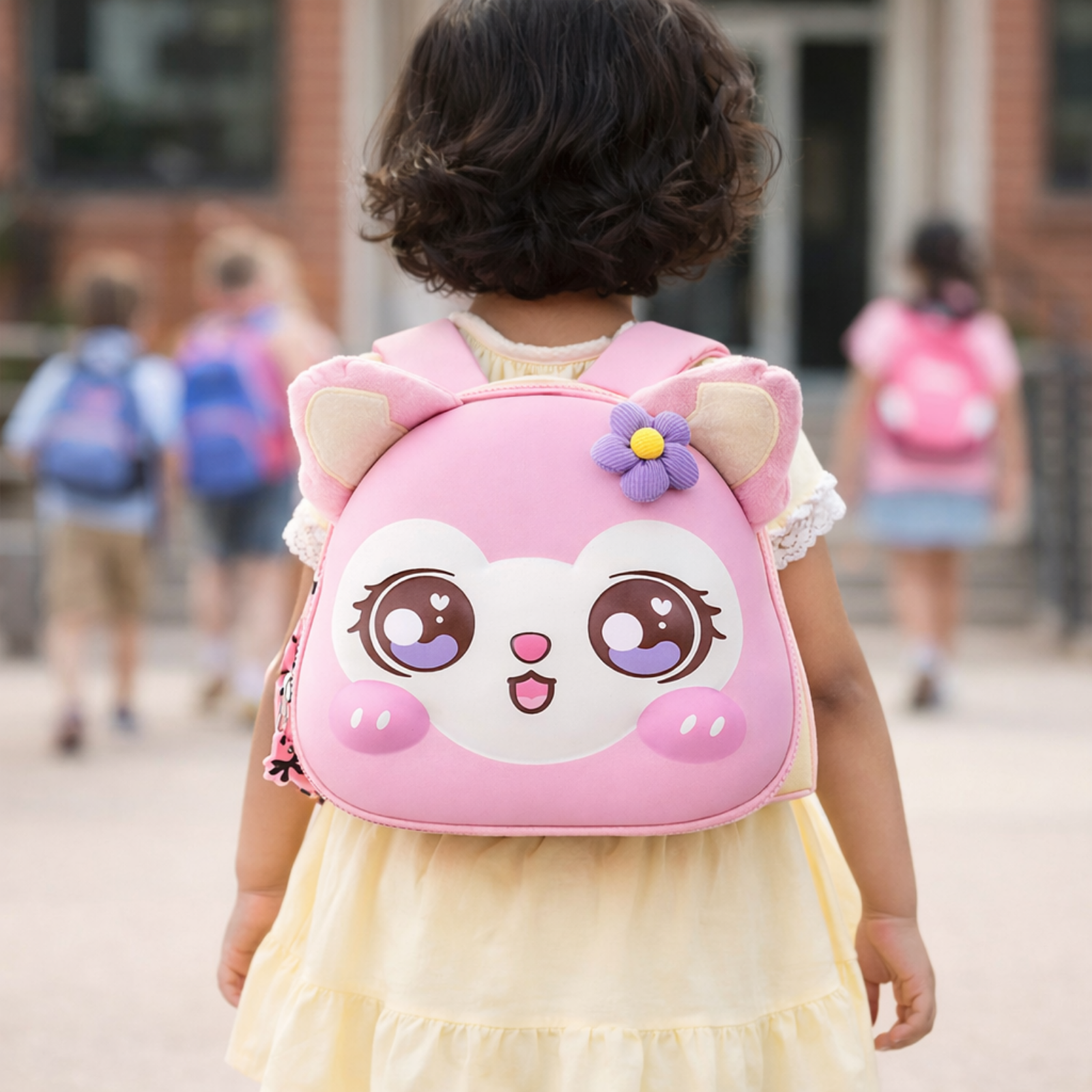 Pink Cartoon Cat Kids Backpack with 3D Hard Shell