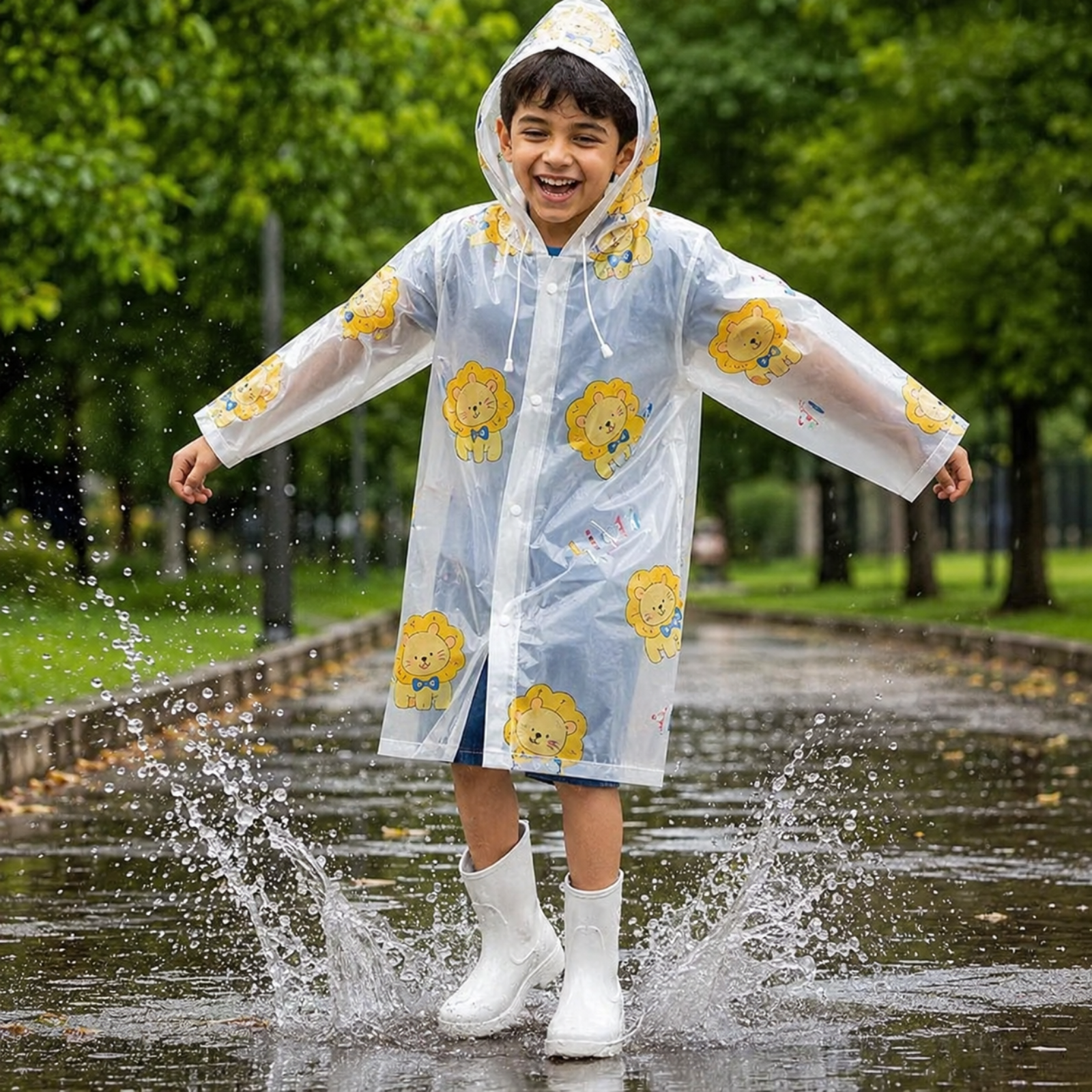 Clear Kids Raincoat with Yellow Lion Print