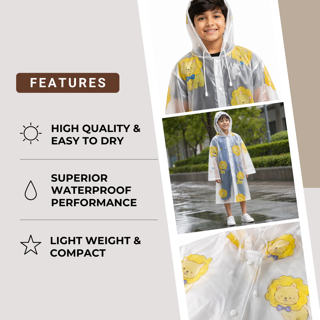 Clear Kids Raincoat with Yellow Lion Print