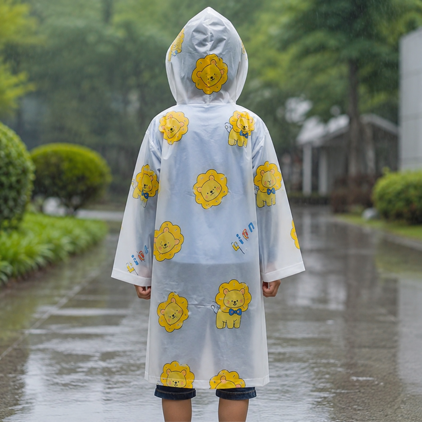 Clear Kids Raincoat with Yellow Lion Print