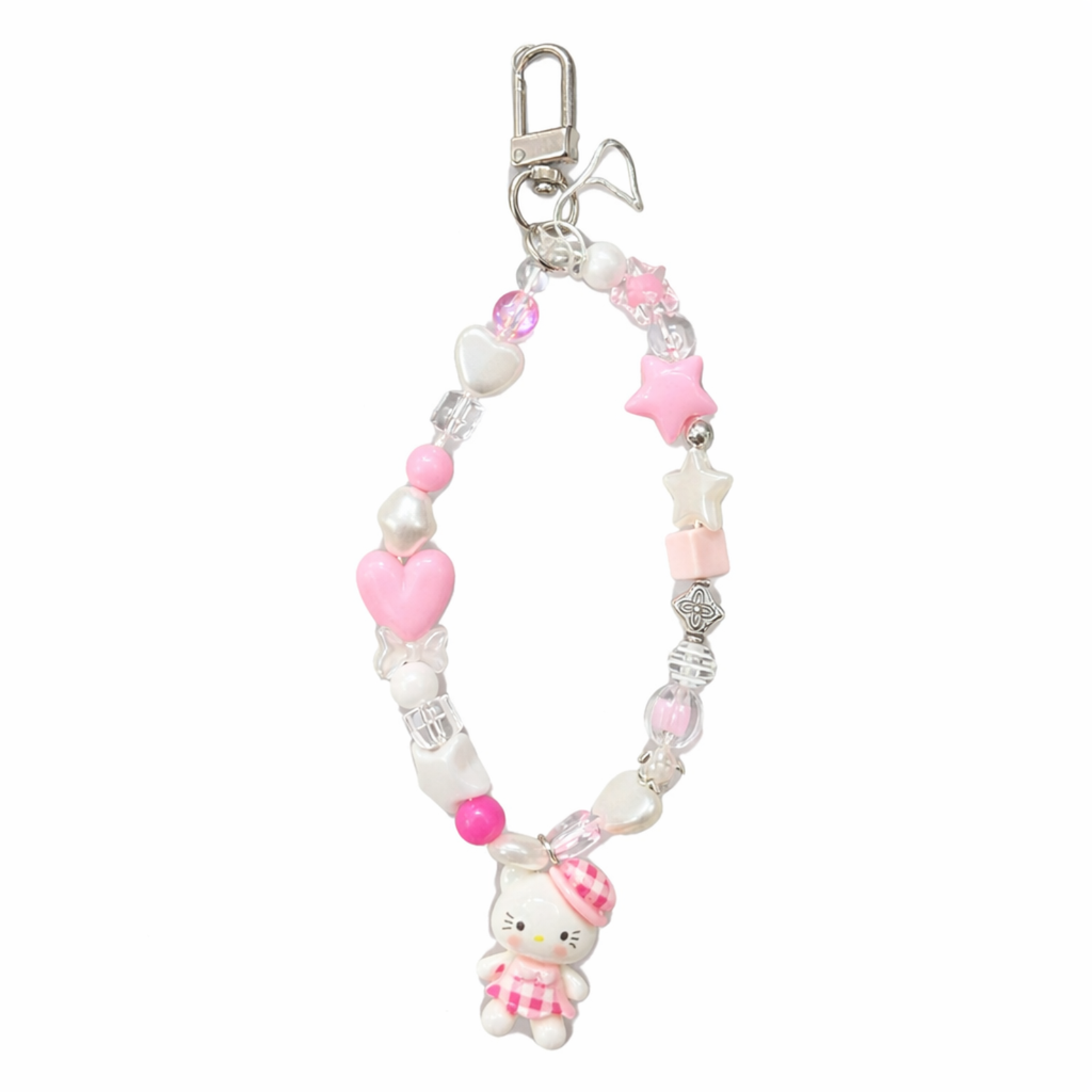 Pink & White Beaded Mobile Charm with Doll Pendant