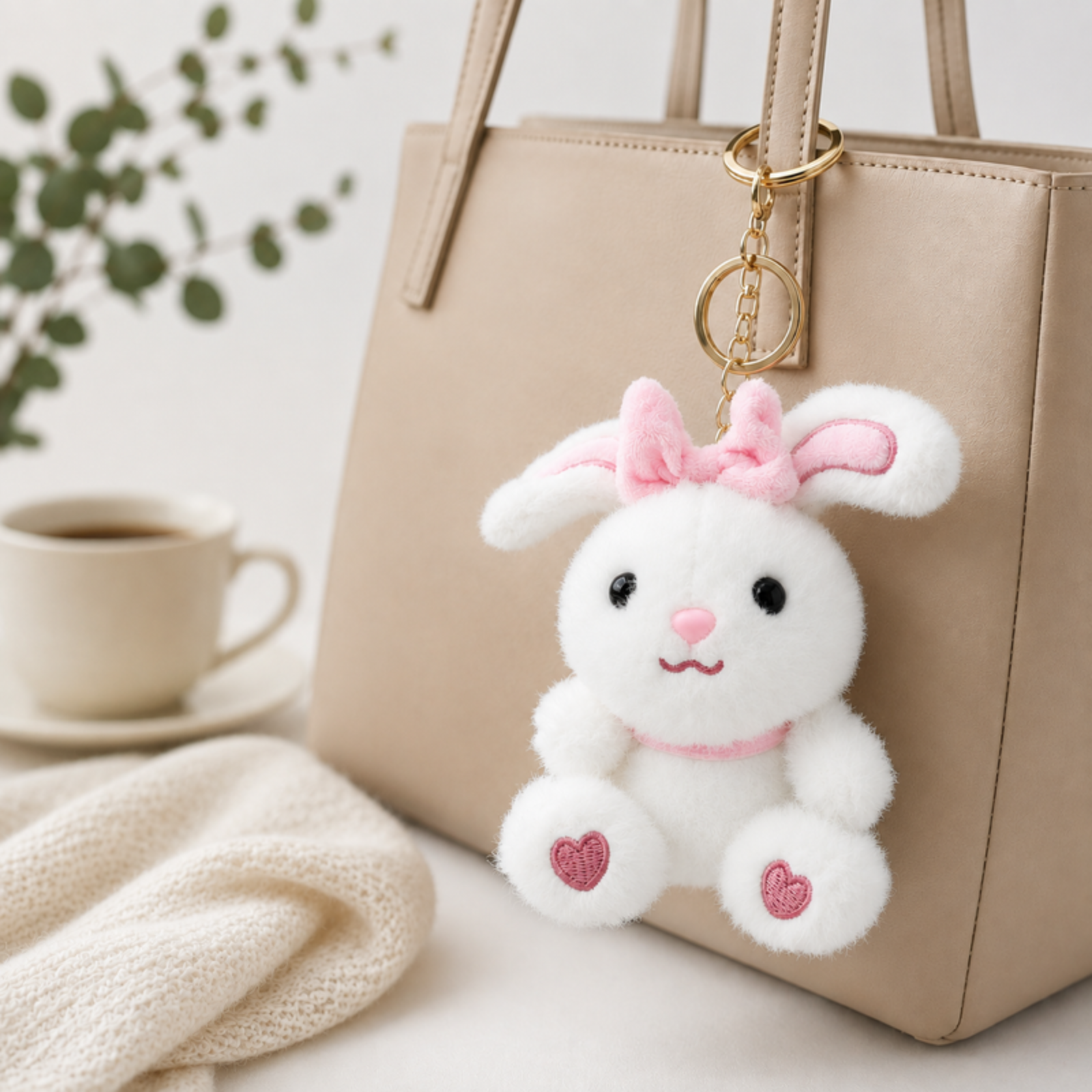 White Bunny Plush Bag Charm with Pink Bow & Heart Paws