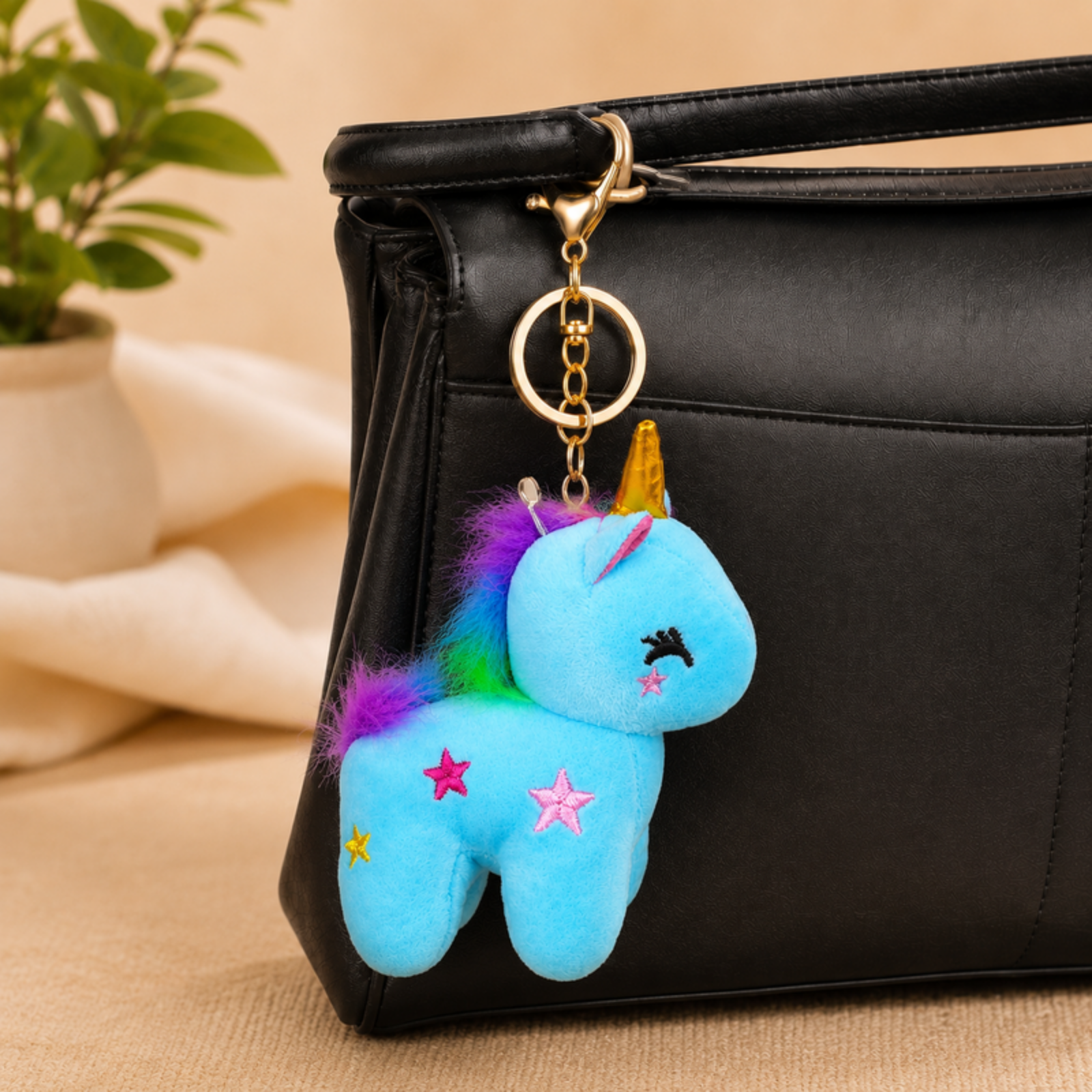 Blue Unicorn Plush Bag Charm with Rainbow Mane & Gold Horn