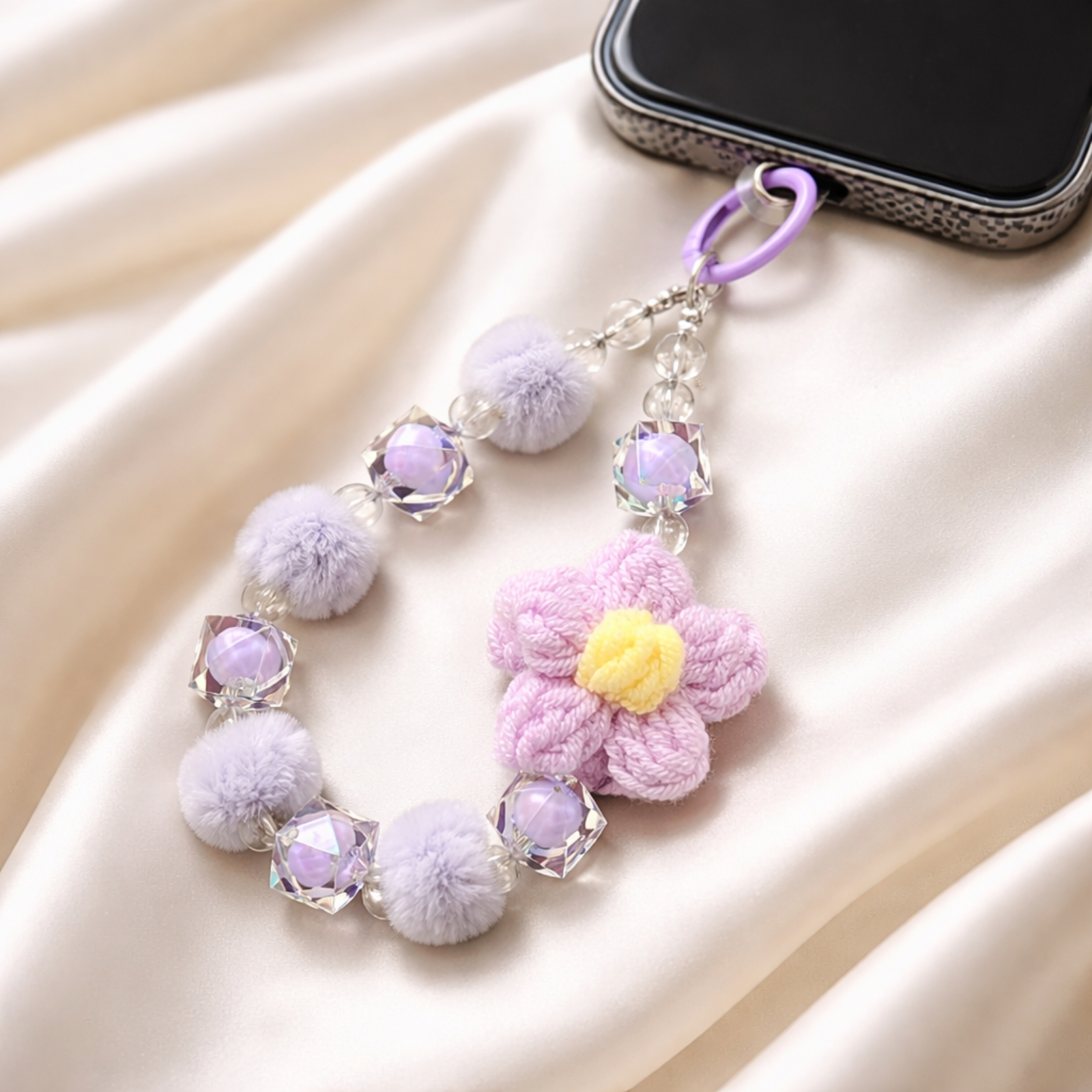 Pastel Crochet Flower Mobile Charm with Beads & Pom Poms