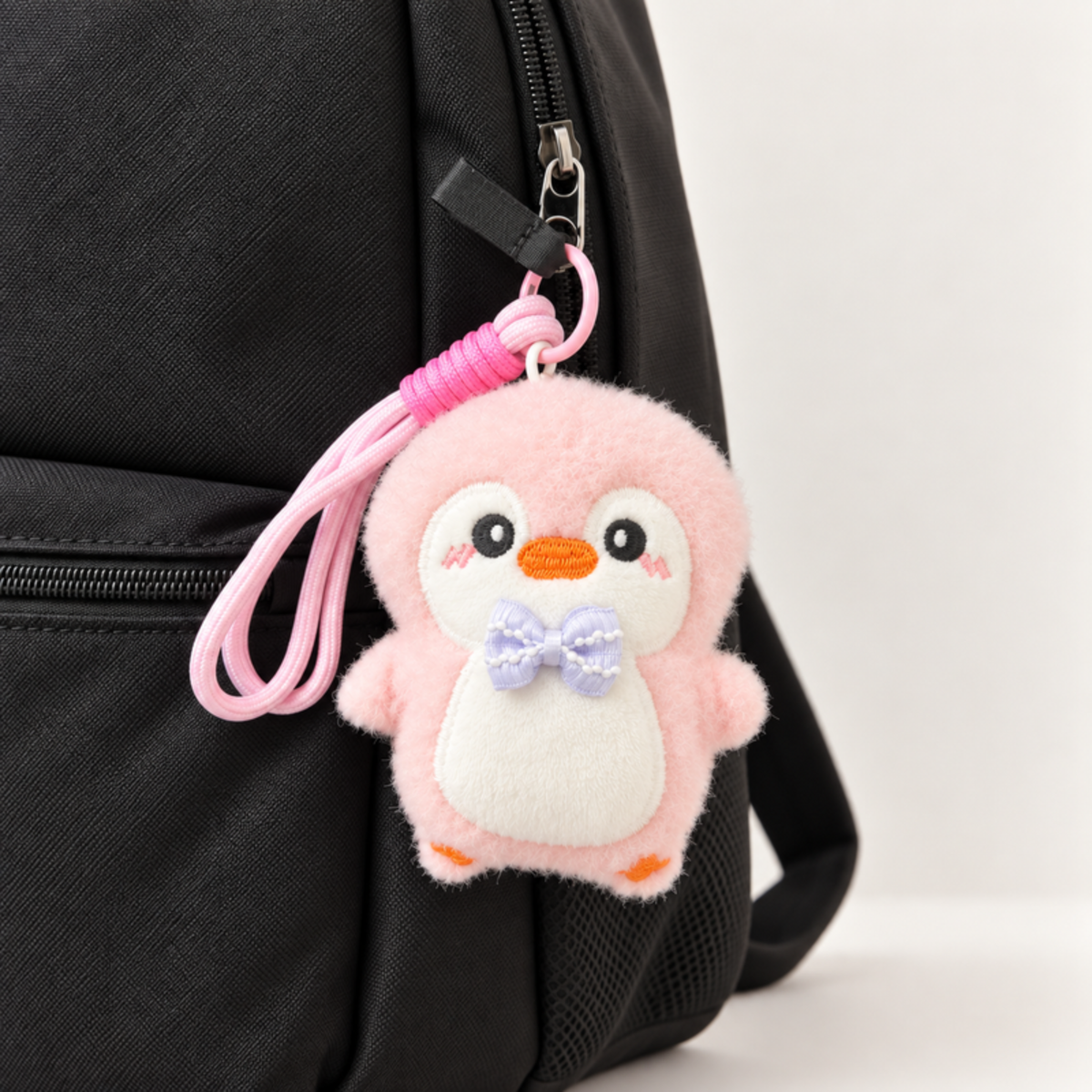 Pink Penguin Plush Keychain with Bow Tie