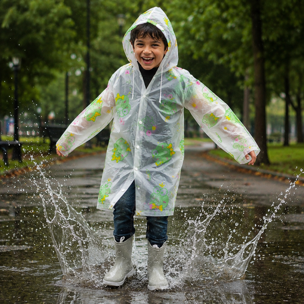 Clear Kids Raincoat with Green Frog Print
