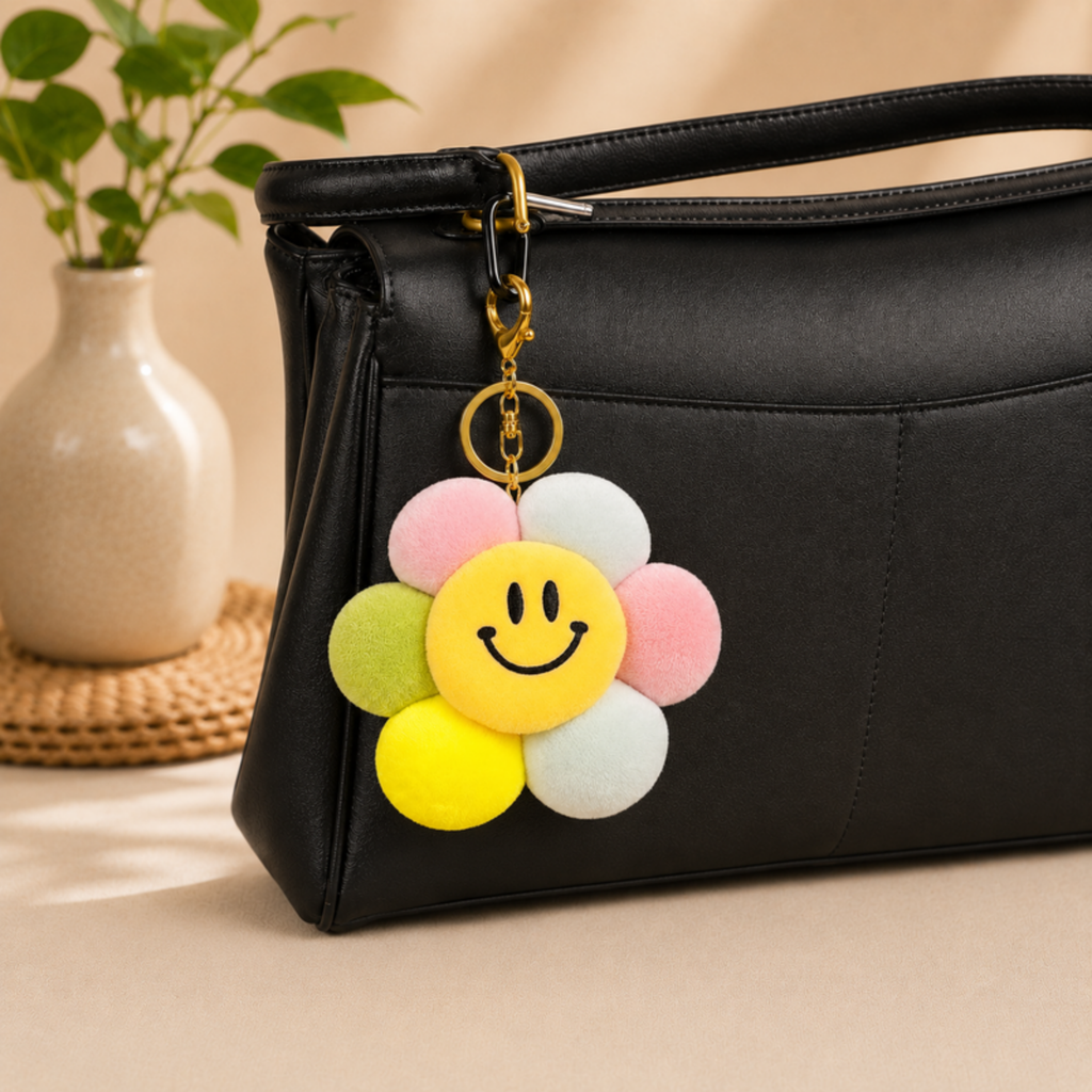 Pastel Smiley Flower Plush Bag Charm with Embroidered Face