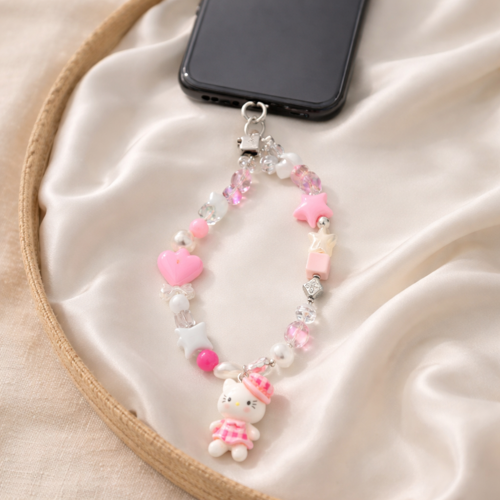Pink & White Beaded Mobile Charm with Doll Pendant