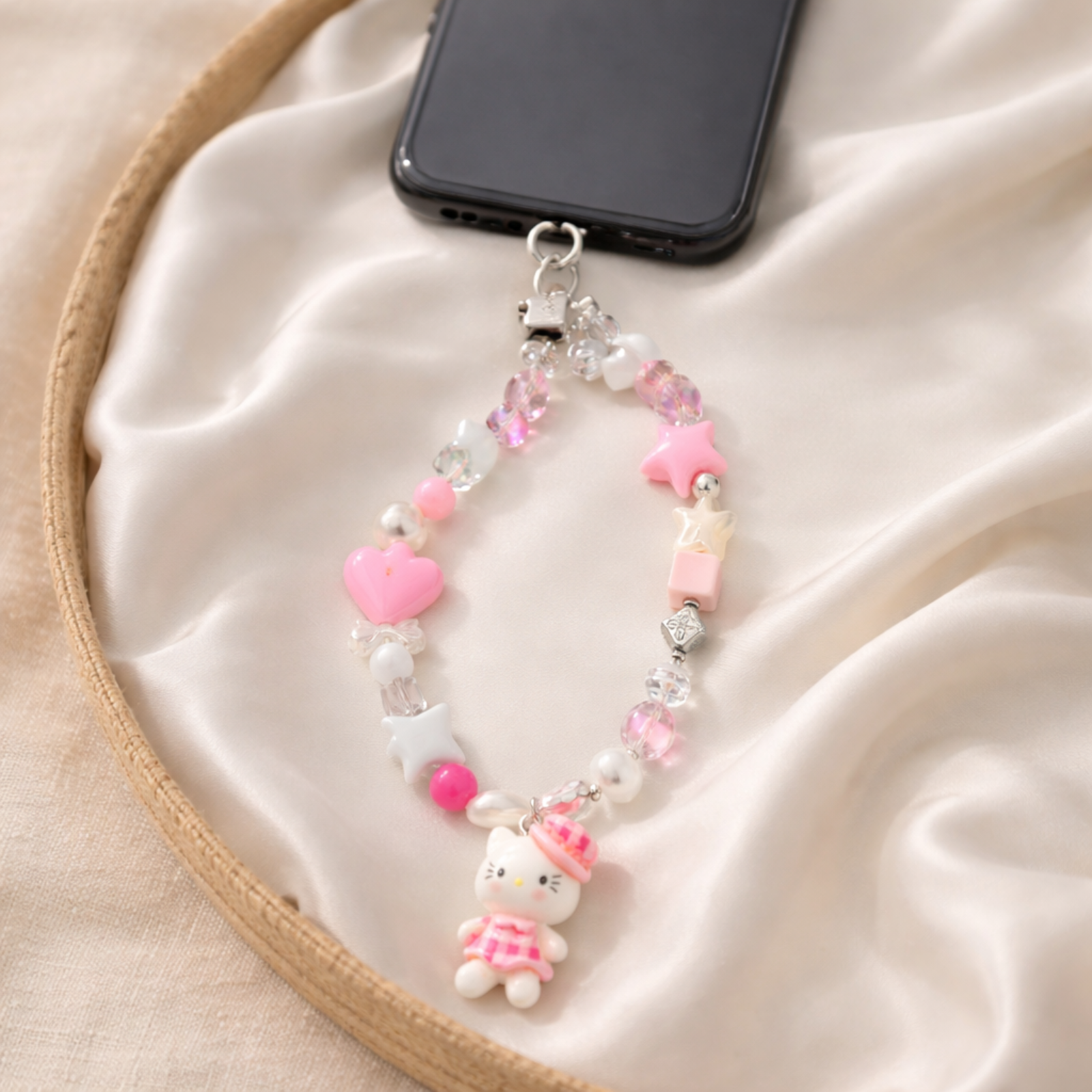 Pink & White Beaded Mobile Charm with Doll Pendant