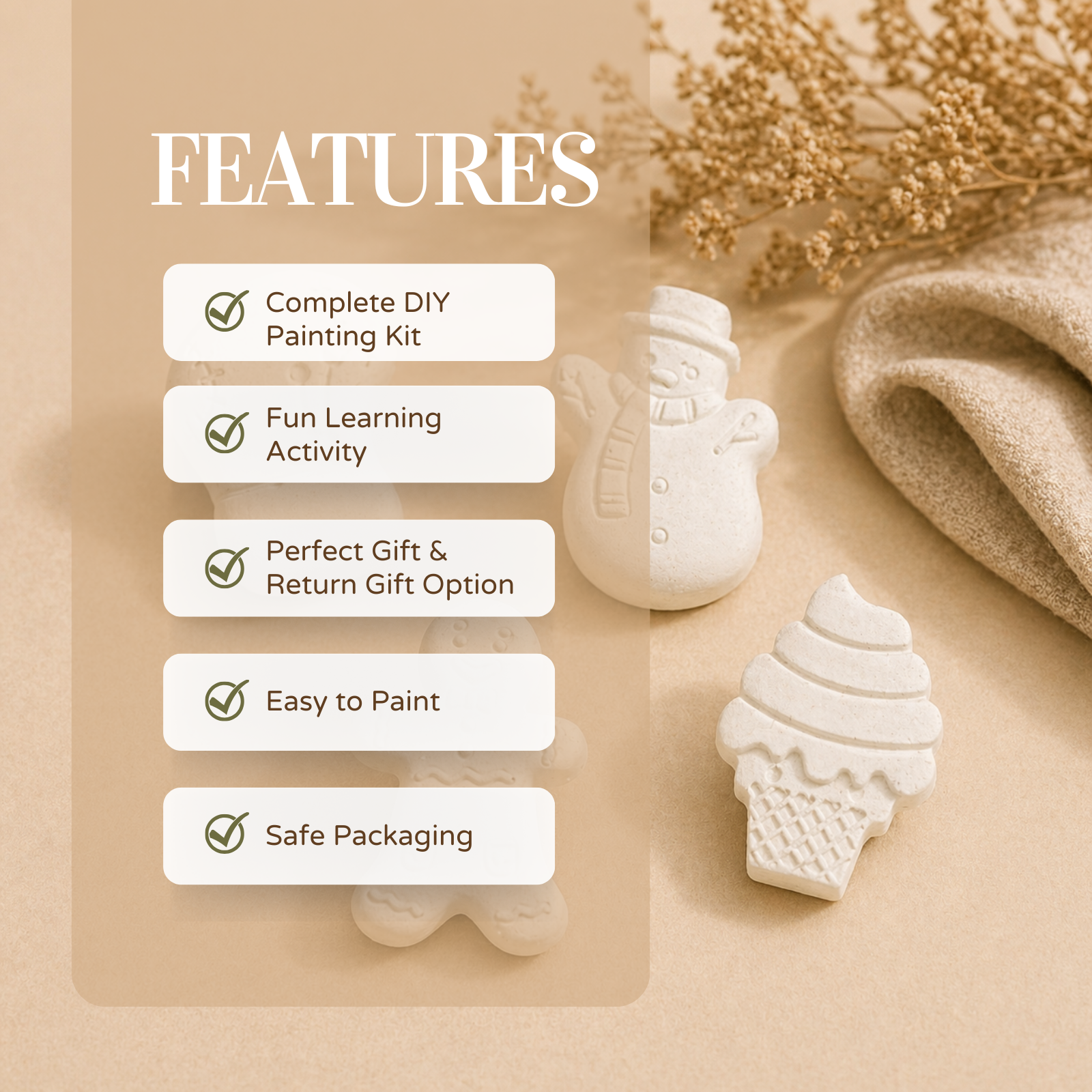 Festive DIY Painting Kit (Snowman, Winter Glove, Ice Cream Cone & Gingerbread Figure)