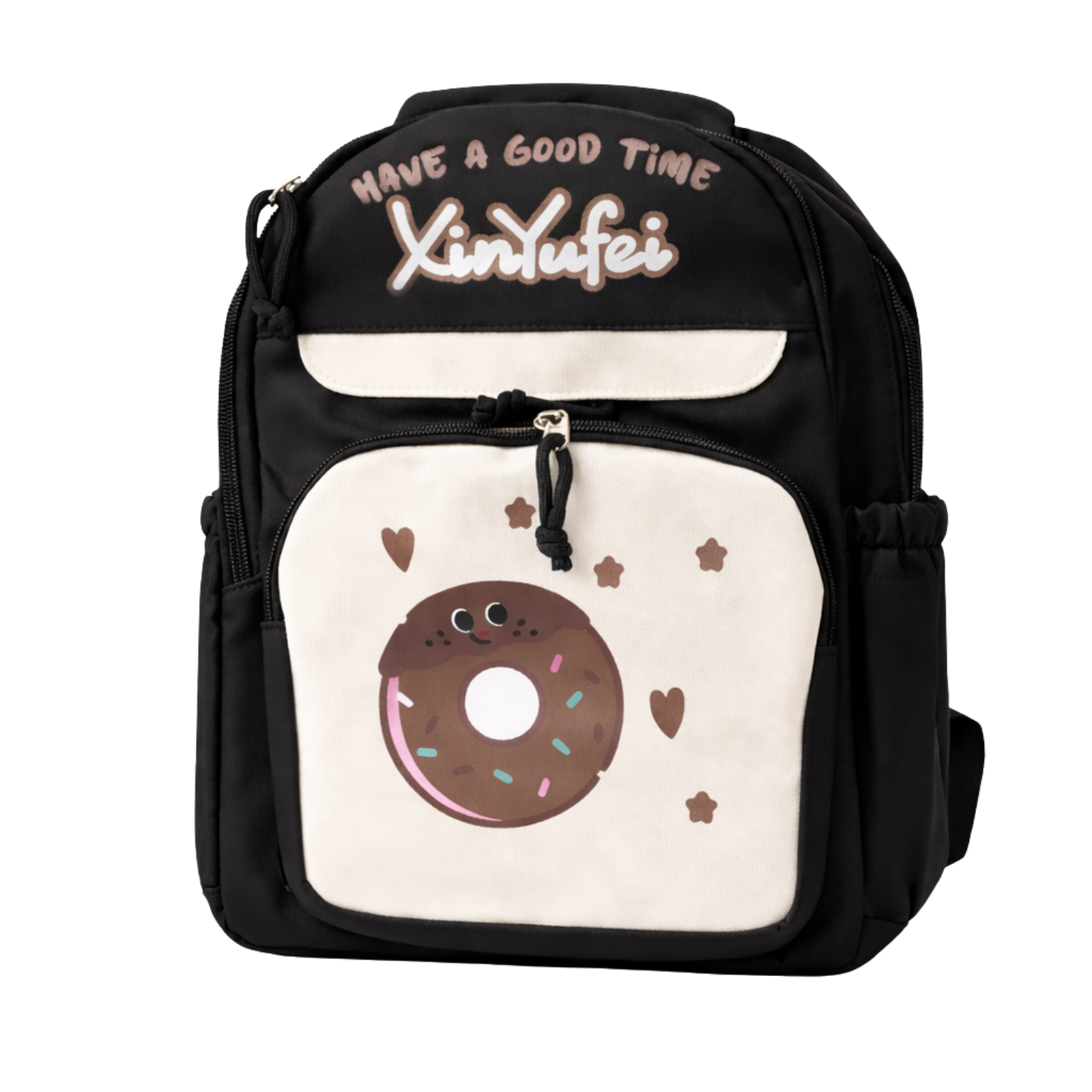 Donut Design Black Backpack with Chest Strap