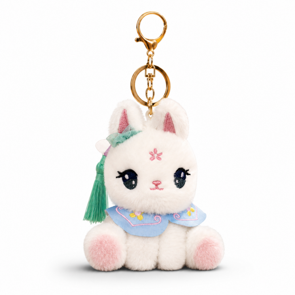 White Bunny Plush Bag Charm with Blue Cape & Tassel