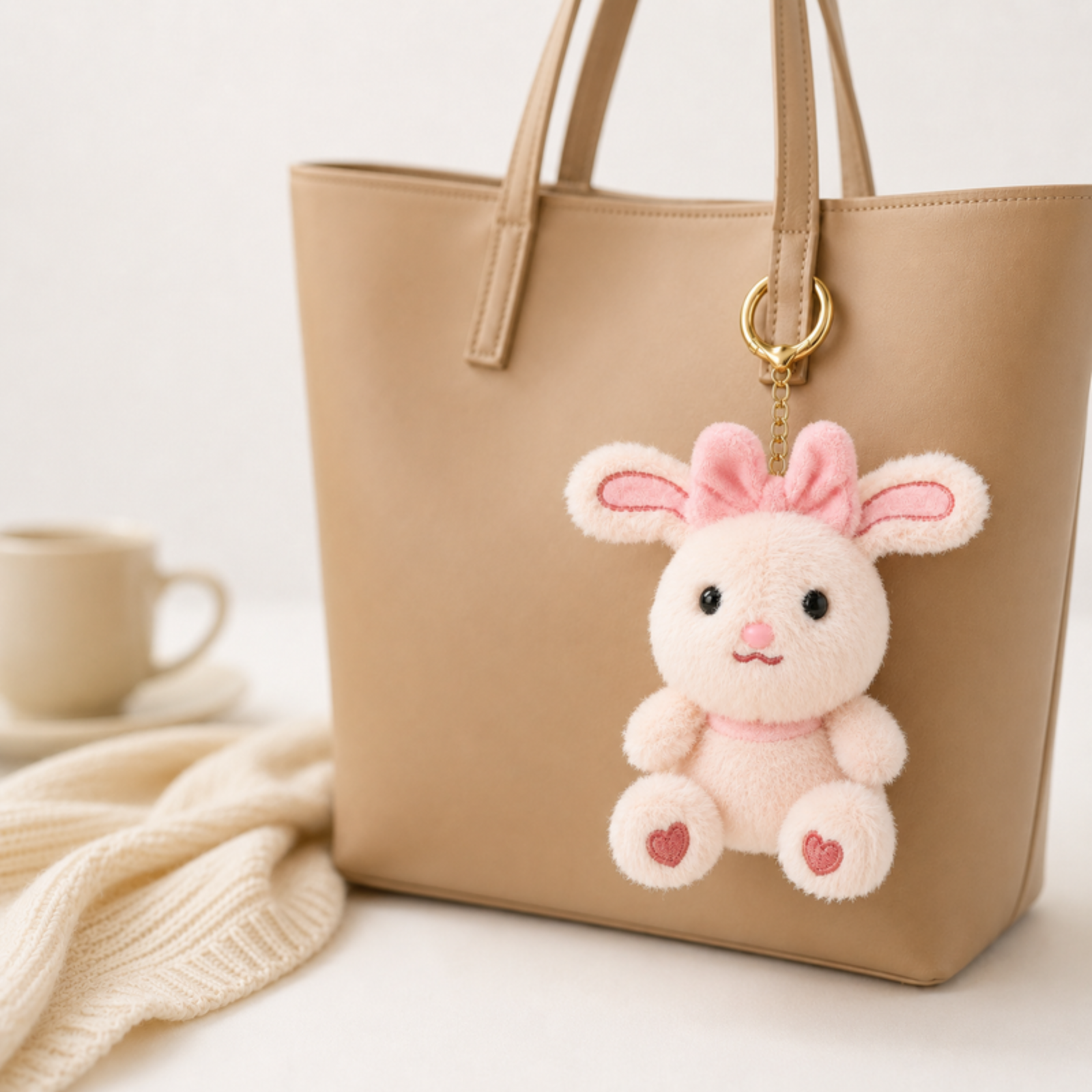 Cream Pink Bunny Plush Bag Charm with Bow & Heart Paws