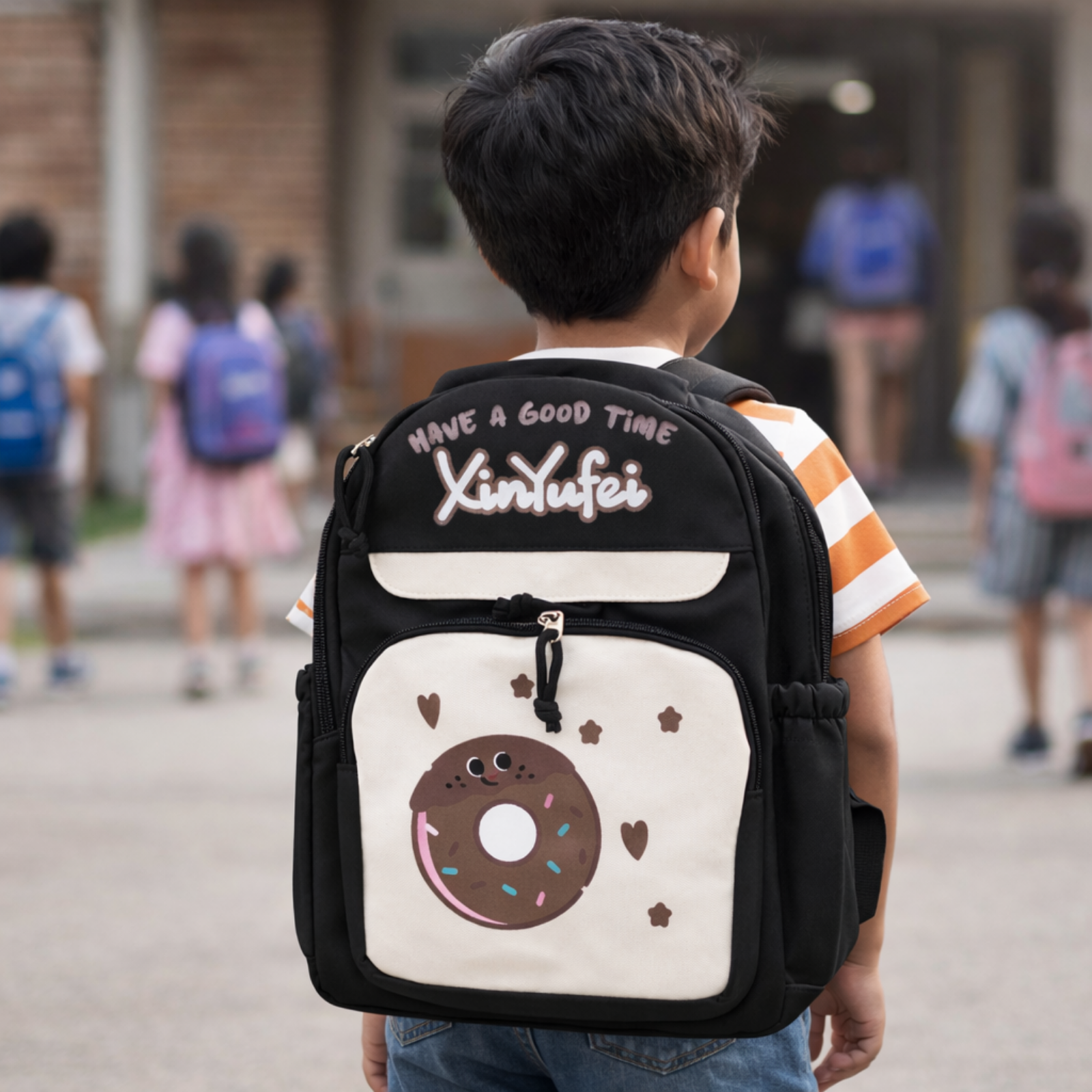 Donut Design Black Backpack with Chest Strap