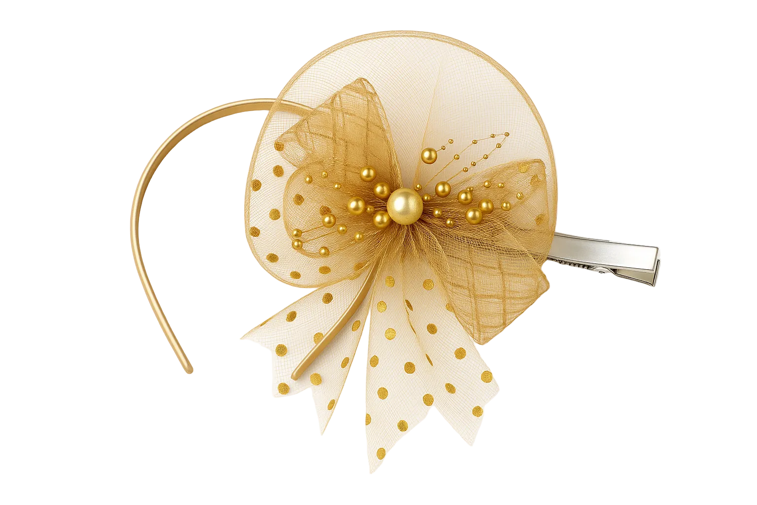 Gold hair bow with a clip on a white background