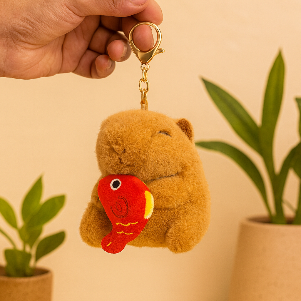 Capybara Plush Keychain with Red Fish