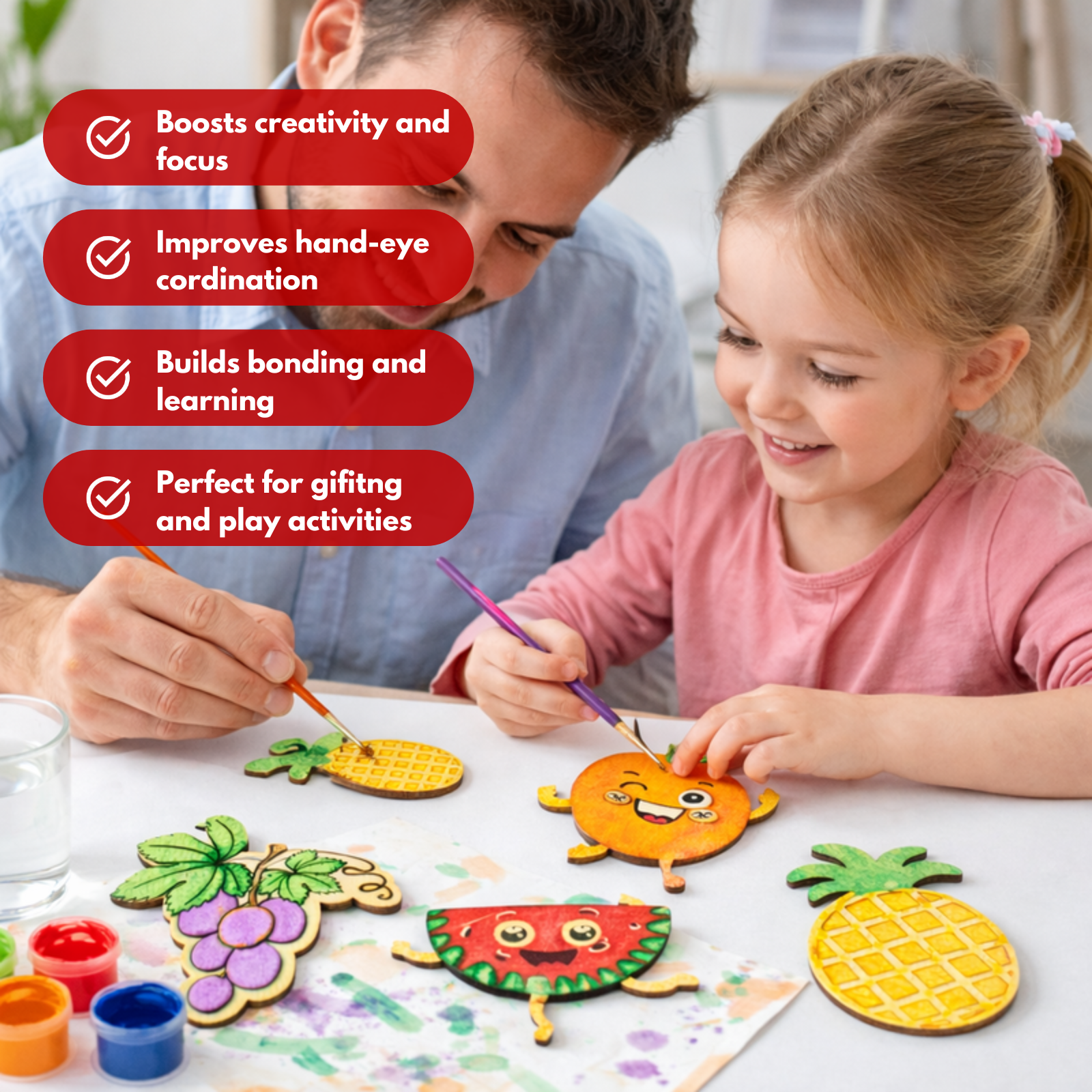 DIY Fruit Painting Magnet Kit (5 Wooden Magnets + 6 Colors + 1 Brush)