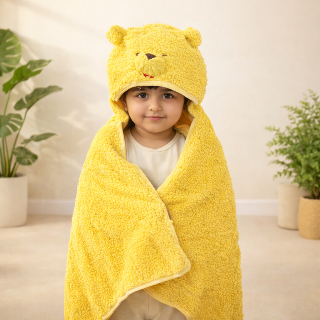 Bath Towel Poncho with Yellow Bear Hoody