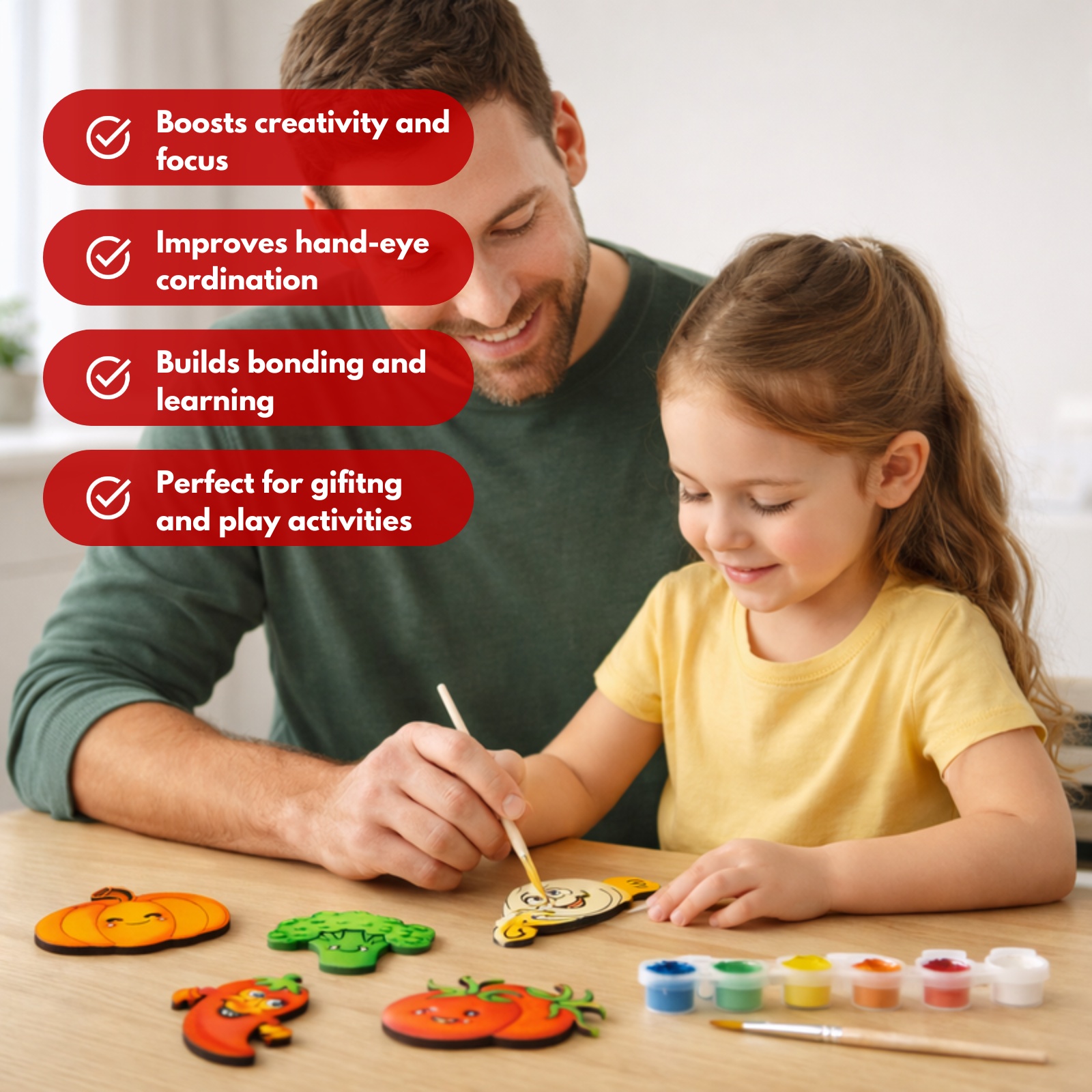 DIY Vegetable Painting Magnet Kit (5 Wooden Magnets + 6 Colors + 1 Brush)