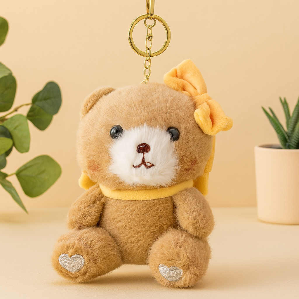 Teddy Bear with Bow Plush Keychain