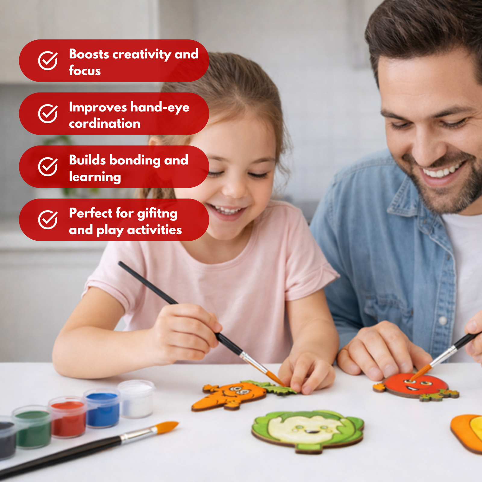 DIY Vegetable Painting Magnet Kit (5 Wooden Magnets + 6 Colors + 1 Brush)